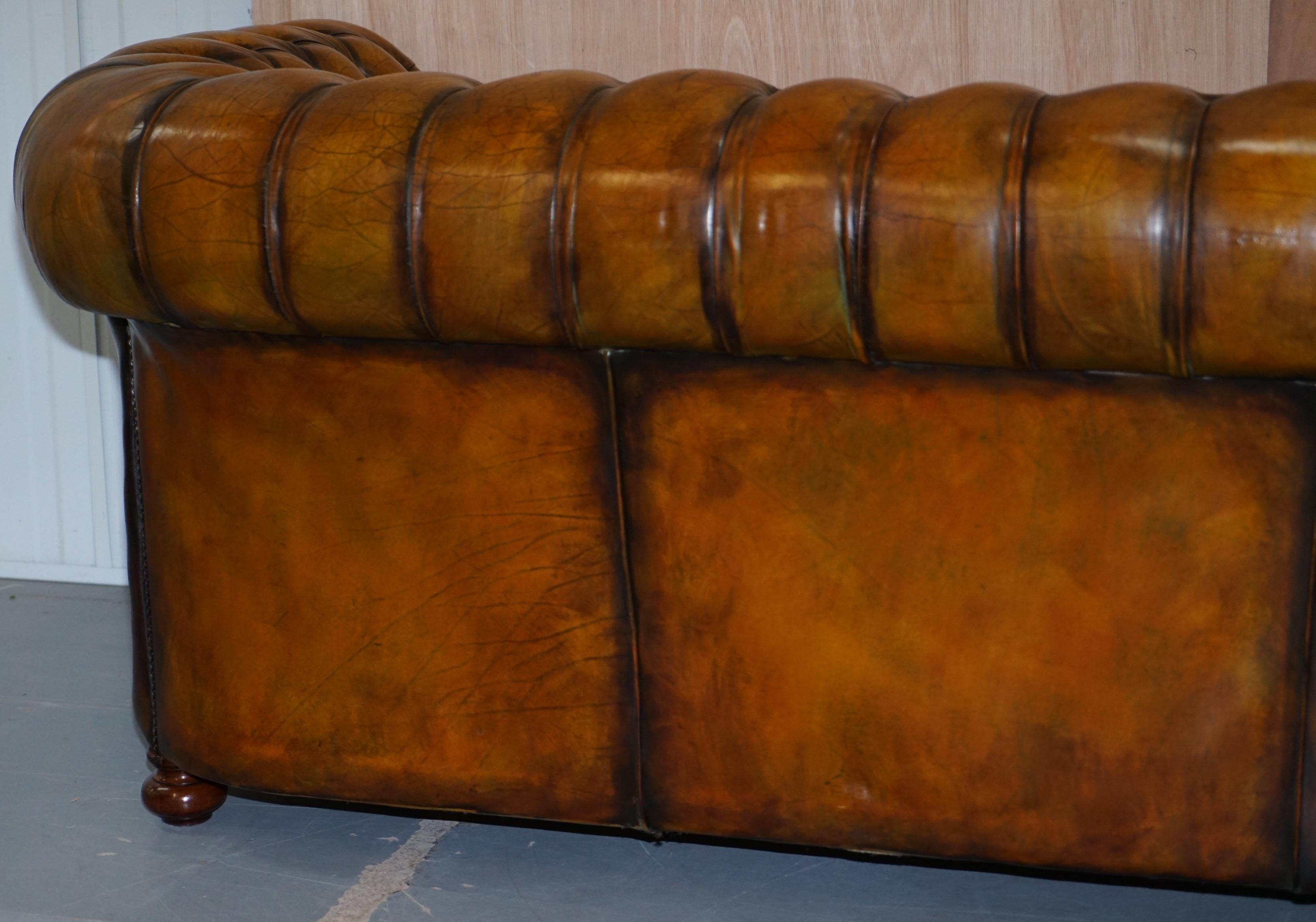 1 of 2 Lovely Hand Dyed Restored Whisky Brown Pleated Leather Chesterfield Sofa 10