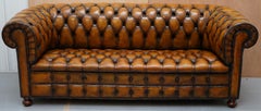 1 of 2 Lovely Hand Dyed Restored Whisky Brown Pleated Leather Chesterfield Sofa