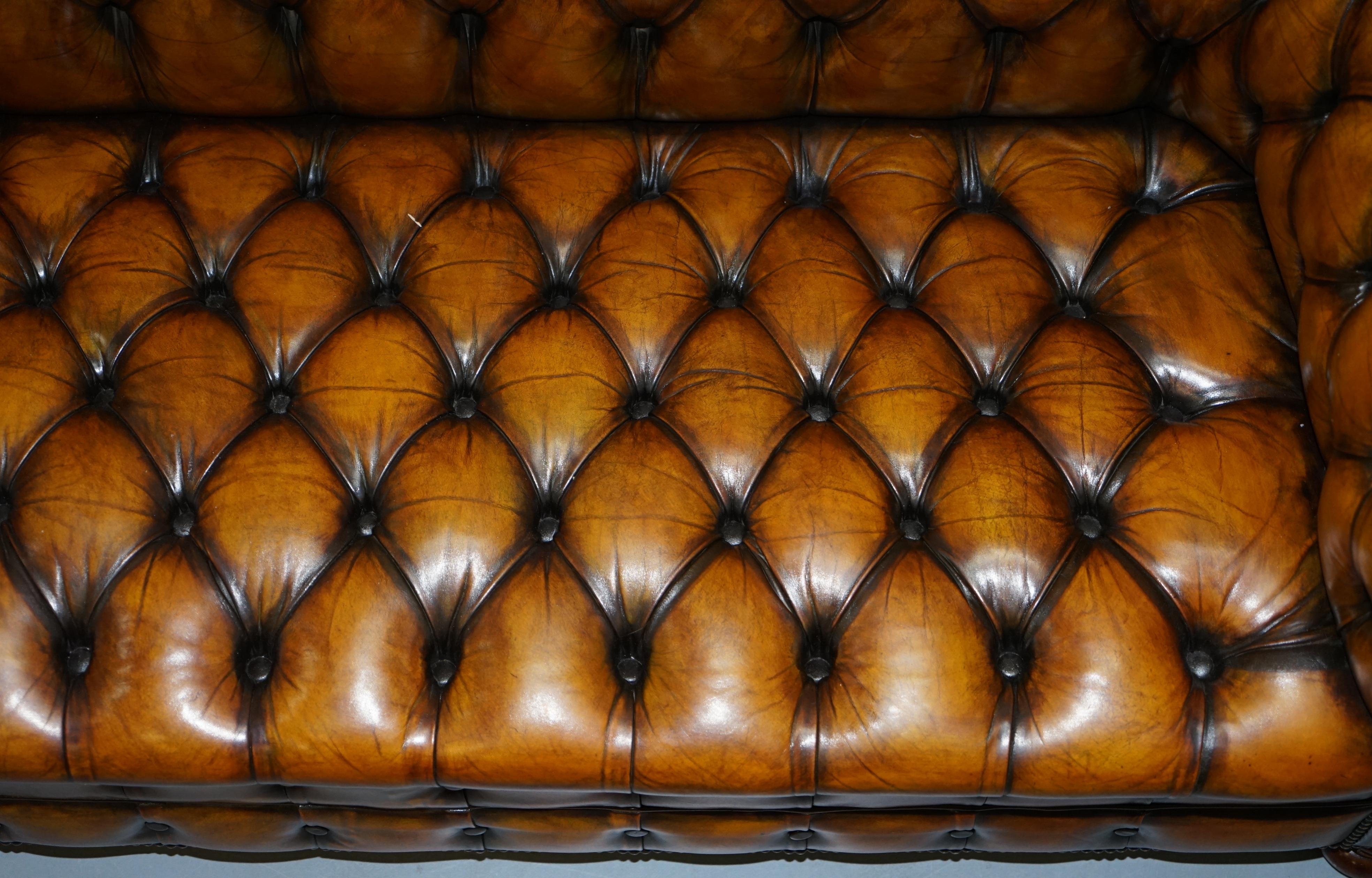 Hand-Crafted 1 of 2 Lovely Hand Dyed Restored Whisky Brown Pleated Leather Chesterfield Sofa