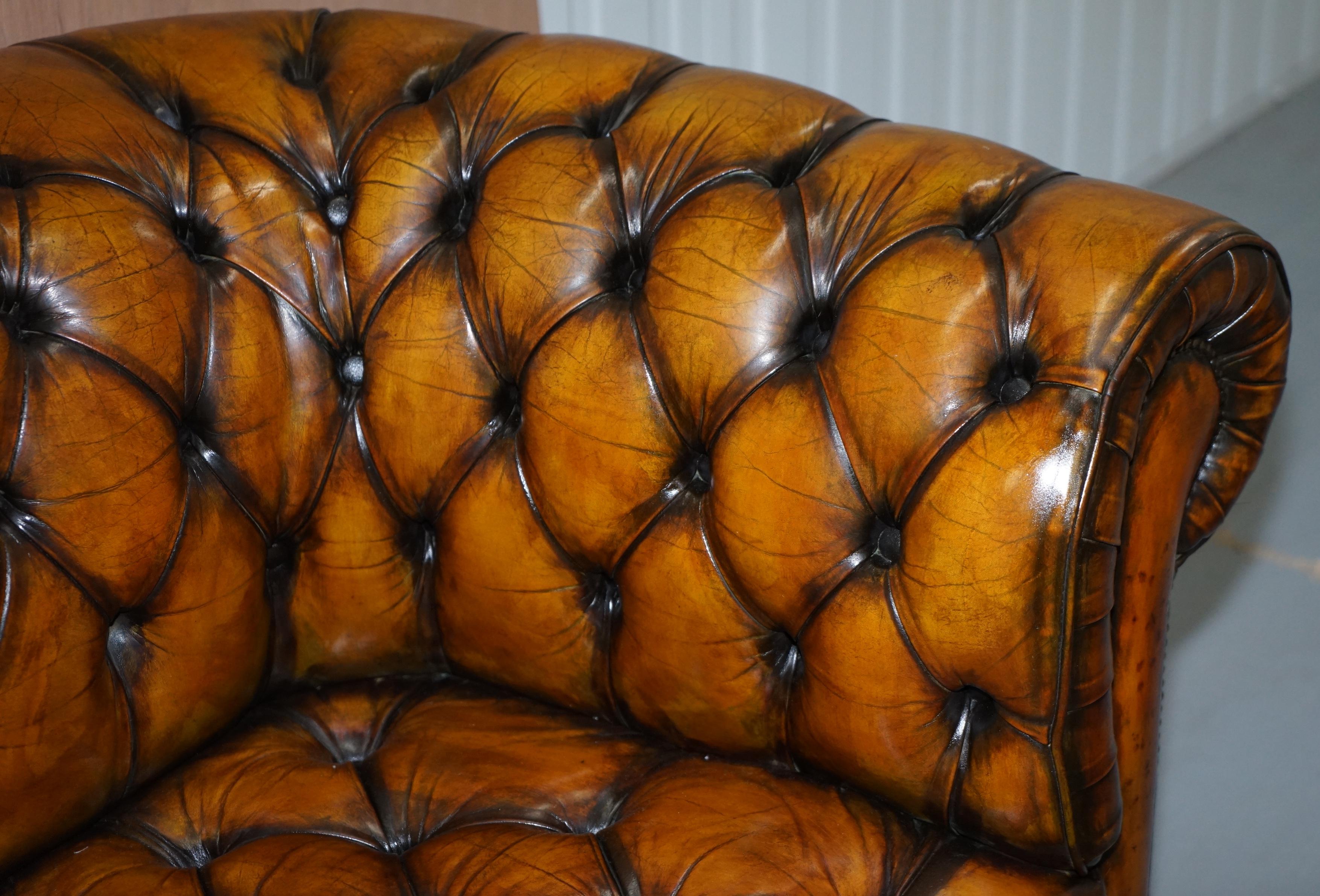 20th Century 1 of 2 Lovely Hand Dyed Restored Whisky Brown Pleated Leather Chesterfield Sofa