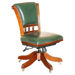 1 OF 2 LOVELY MODERN GREEN LEATHER BEECH FRAMED CAPTAiNS CHAIRS ADJUSTABLE