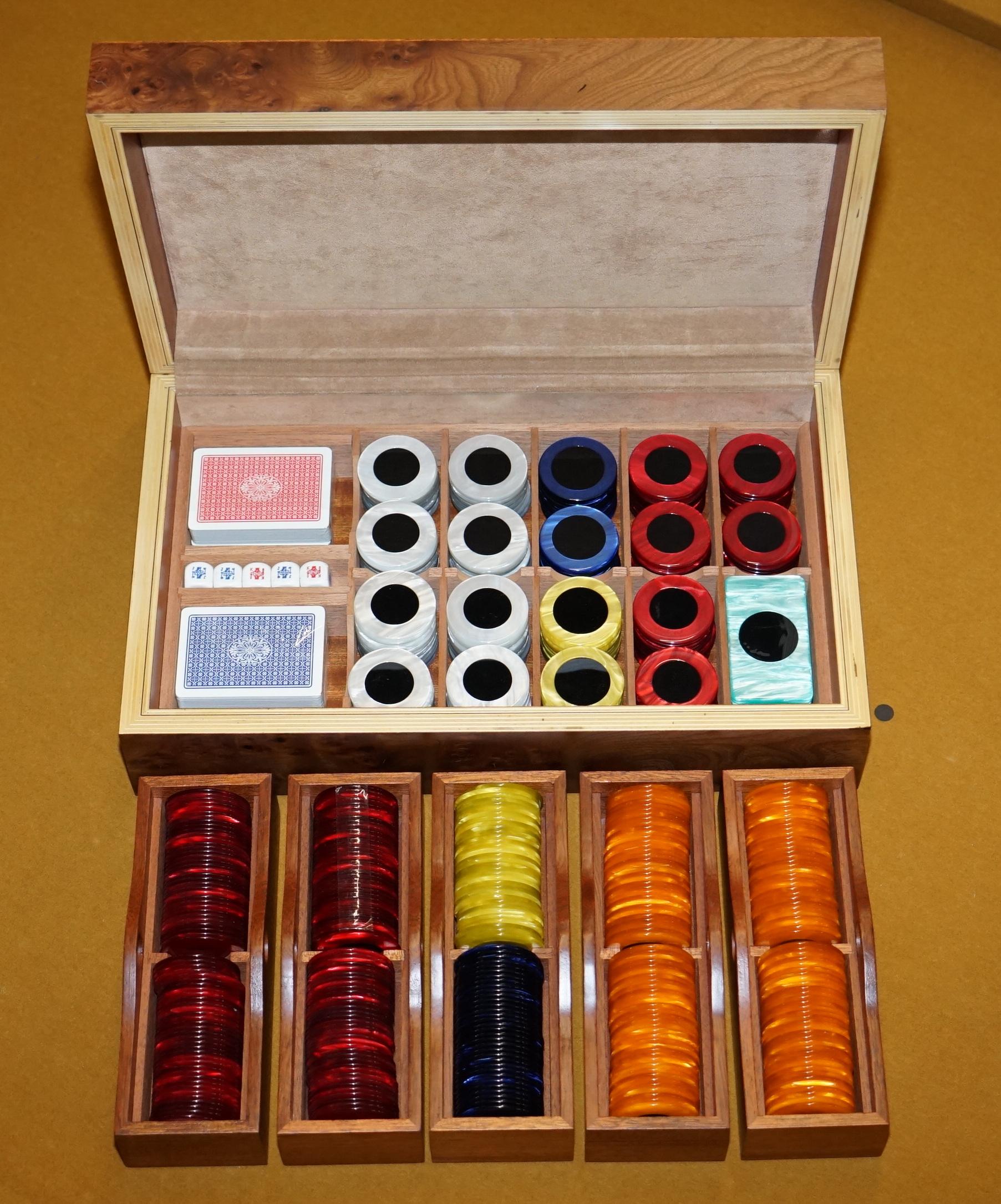 We are delighted to offer for sale this stunning vintage very rare new old stock handmade in Florence Italy by Asprey Poker game set with mother of pearl chips

This is a large and impressive set, modern day equivalent suites cost £6000-£8000 at