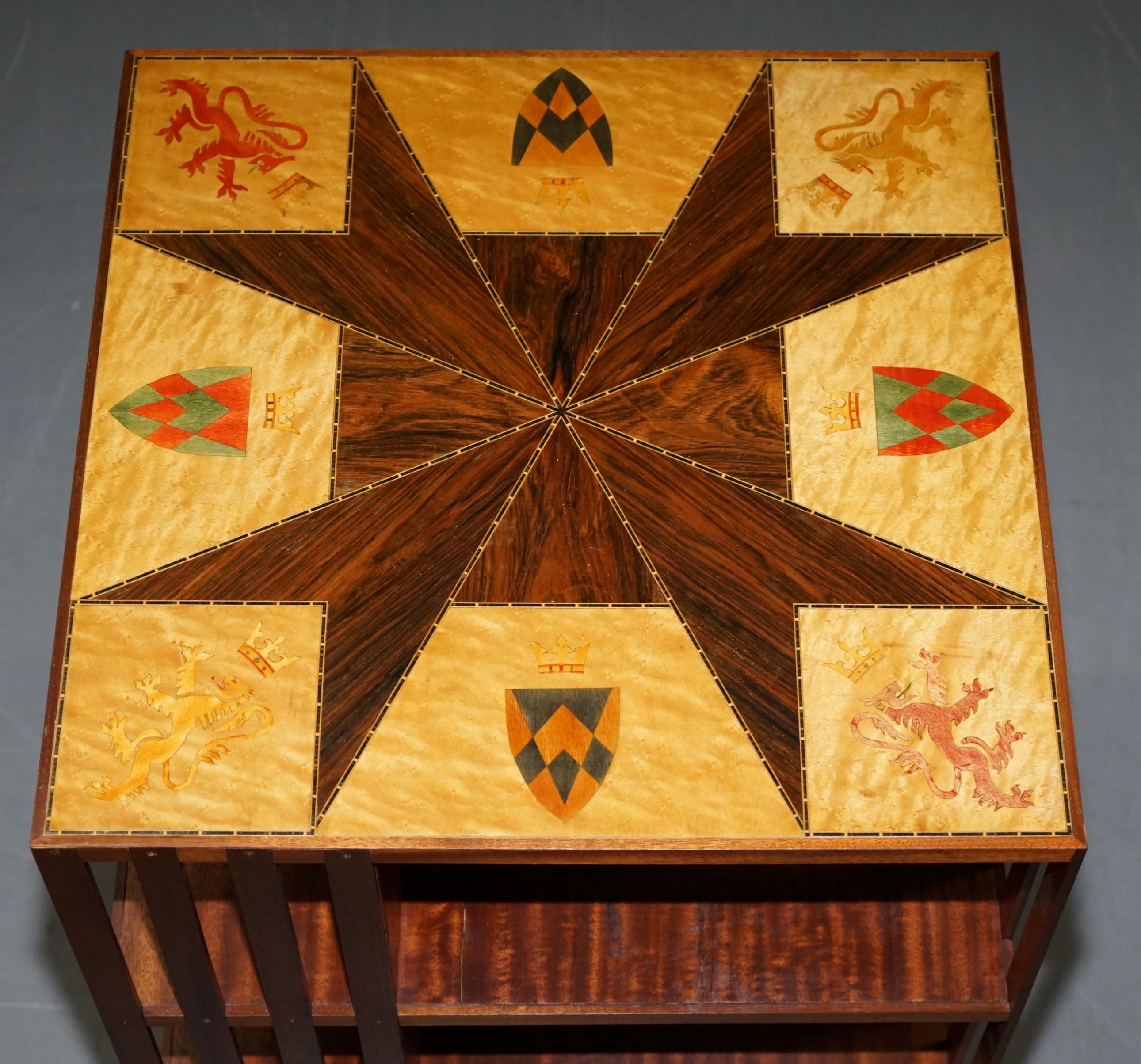 English 1 of 2 Mahogany & Maple Revolving Library Bookcases Inlaid Royal Armorial Crests