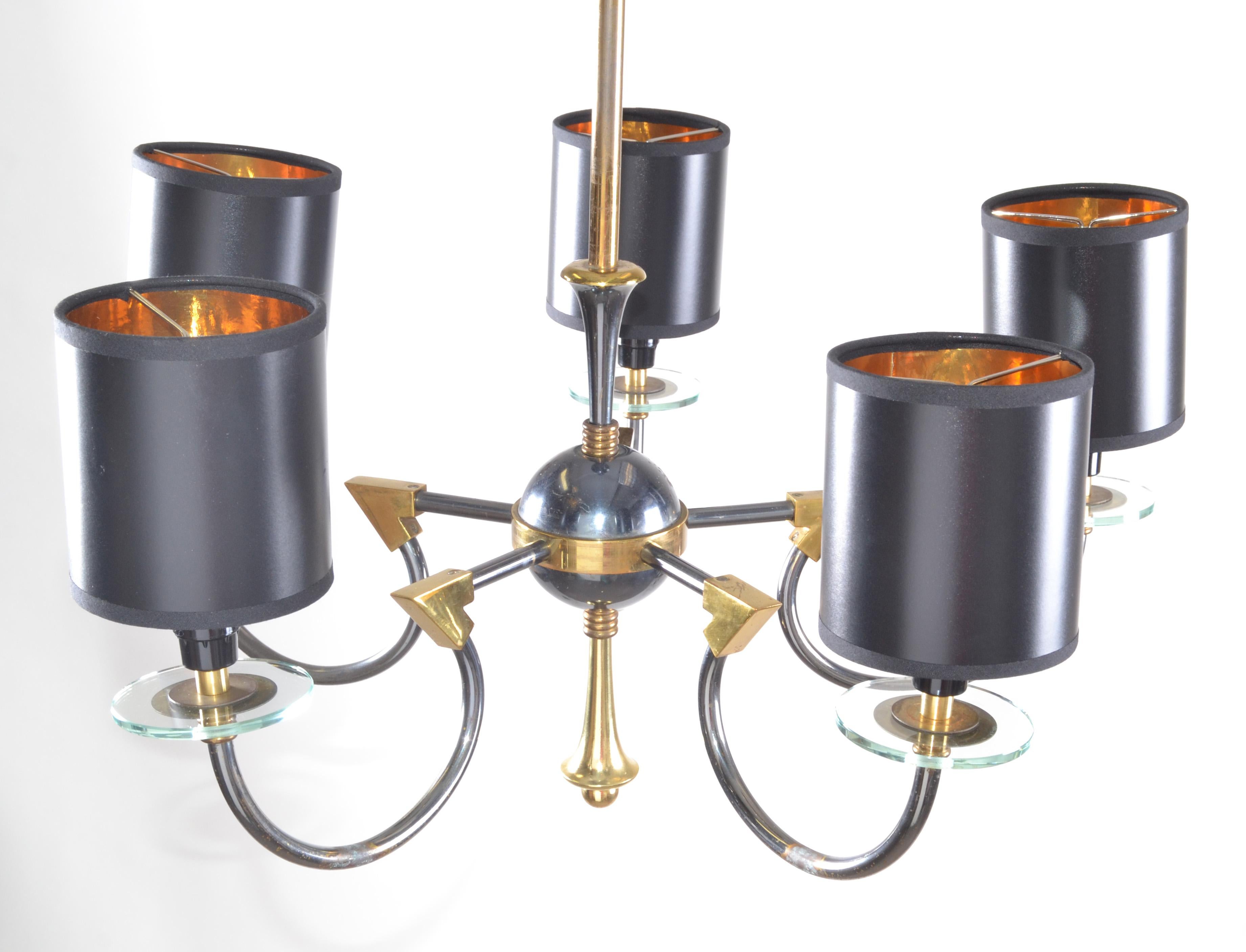 1 of 2 Maison Jansen 5-Light Bronze, Glass and Gunmetal Chandelier Black Shades In Good Condition For Sale In Miami, FL