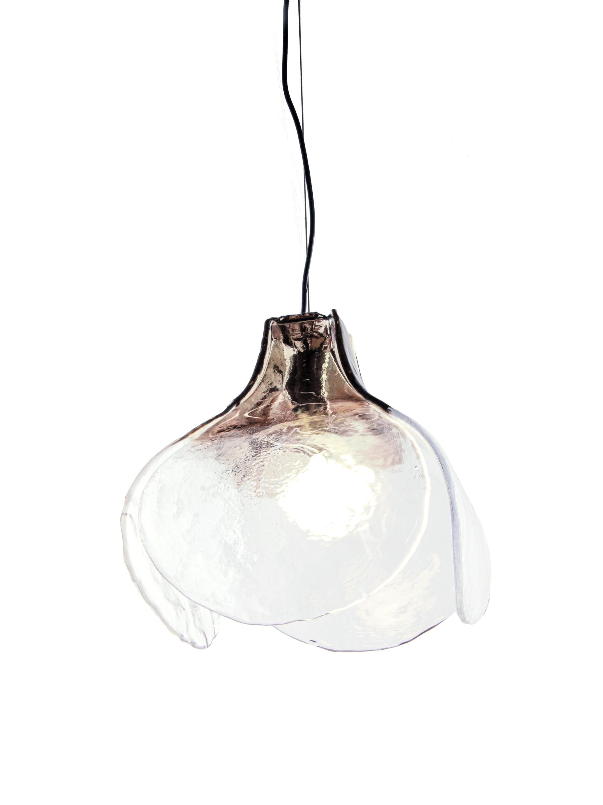 Italian '1 of 2' Mazzega Tulip Pendant Lamp Amber & Clear Murano Glass Carlo Nason Italy For Sale