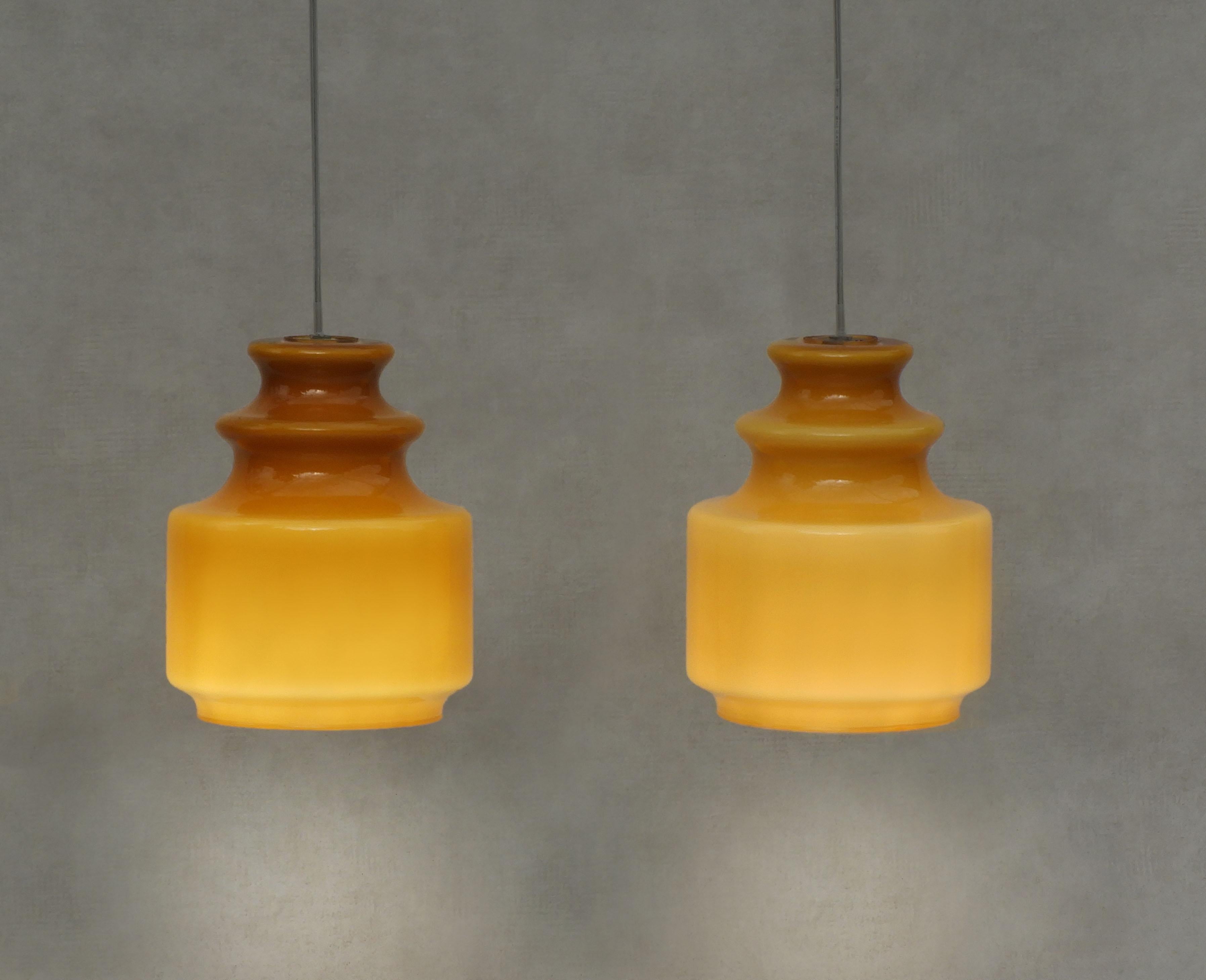 20th Century 1 of 2 French Mid Century Amber Opaline Glass Pendant Lights 1970