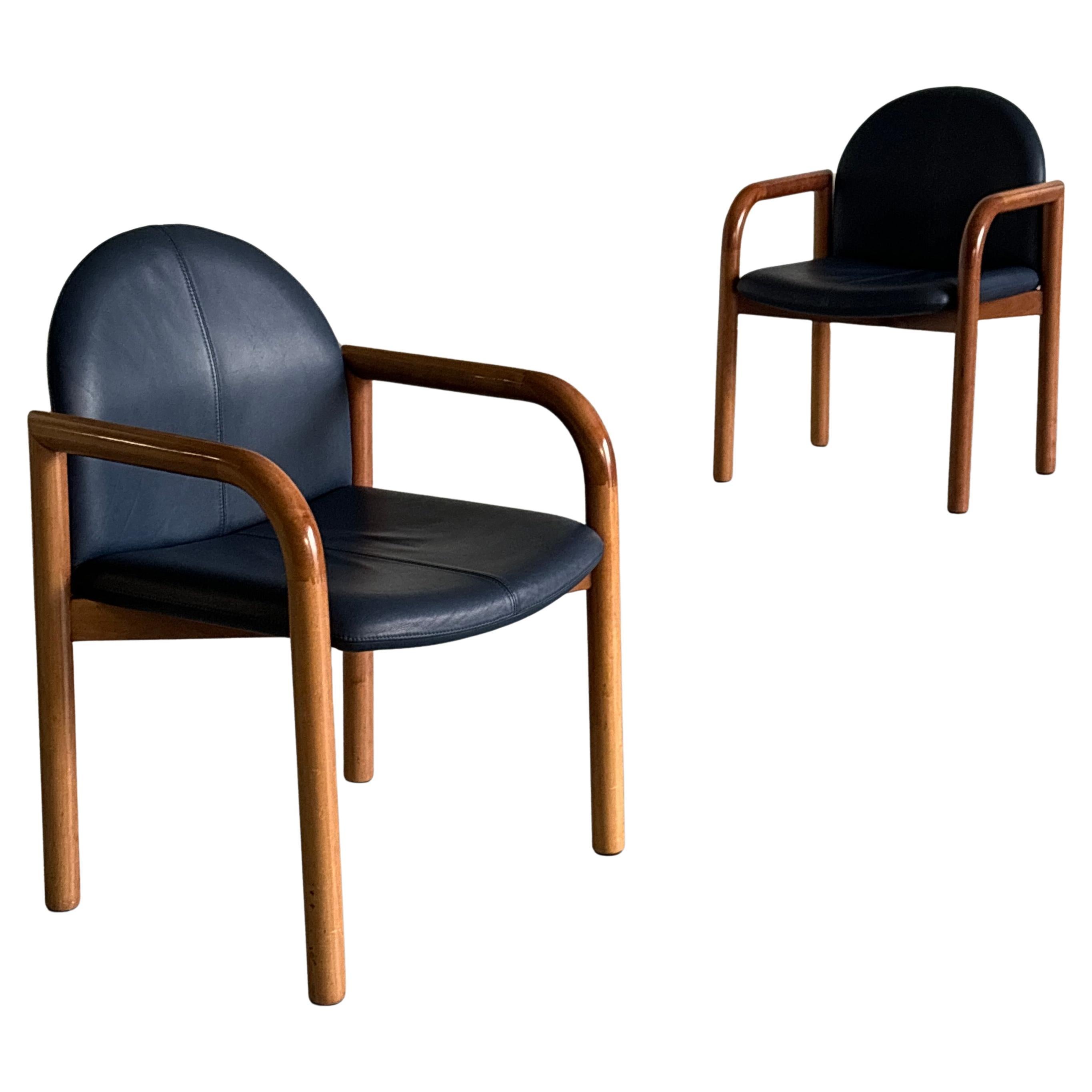 1 of 2 Mid-Century Armchairs in Dark Blue Leather Upholstery and Lacquered Wood