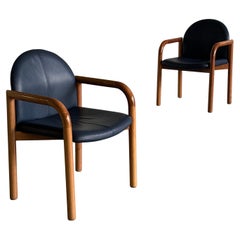1 of 2 Mid-Century Armchairs in Dark Blue Leather Upholstery and Lacquered Wood