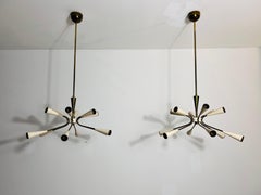 1 of 2 Mid-Century Brass 12-Arm Sputnik Chandelier, 1950s, Italy