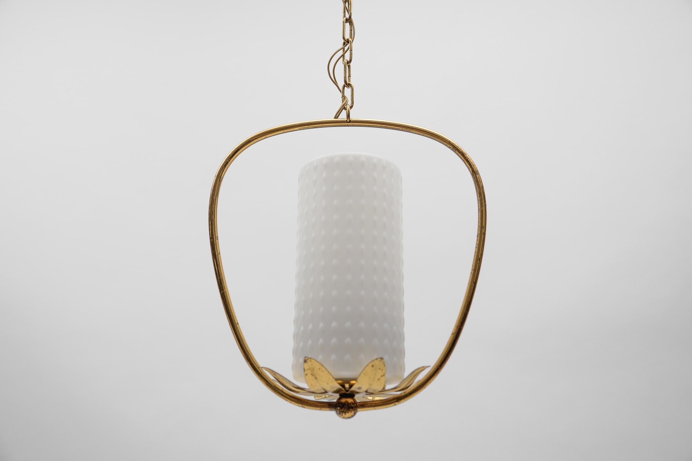 Austrian 1. of 2 Mid Century Modern Brass & Bubble Opal Glass Pendant Lamp, 1960s Austria For Sale