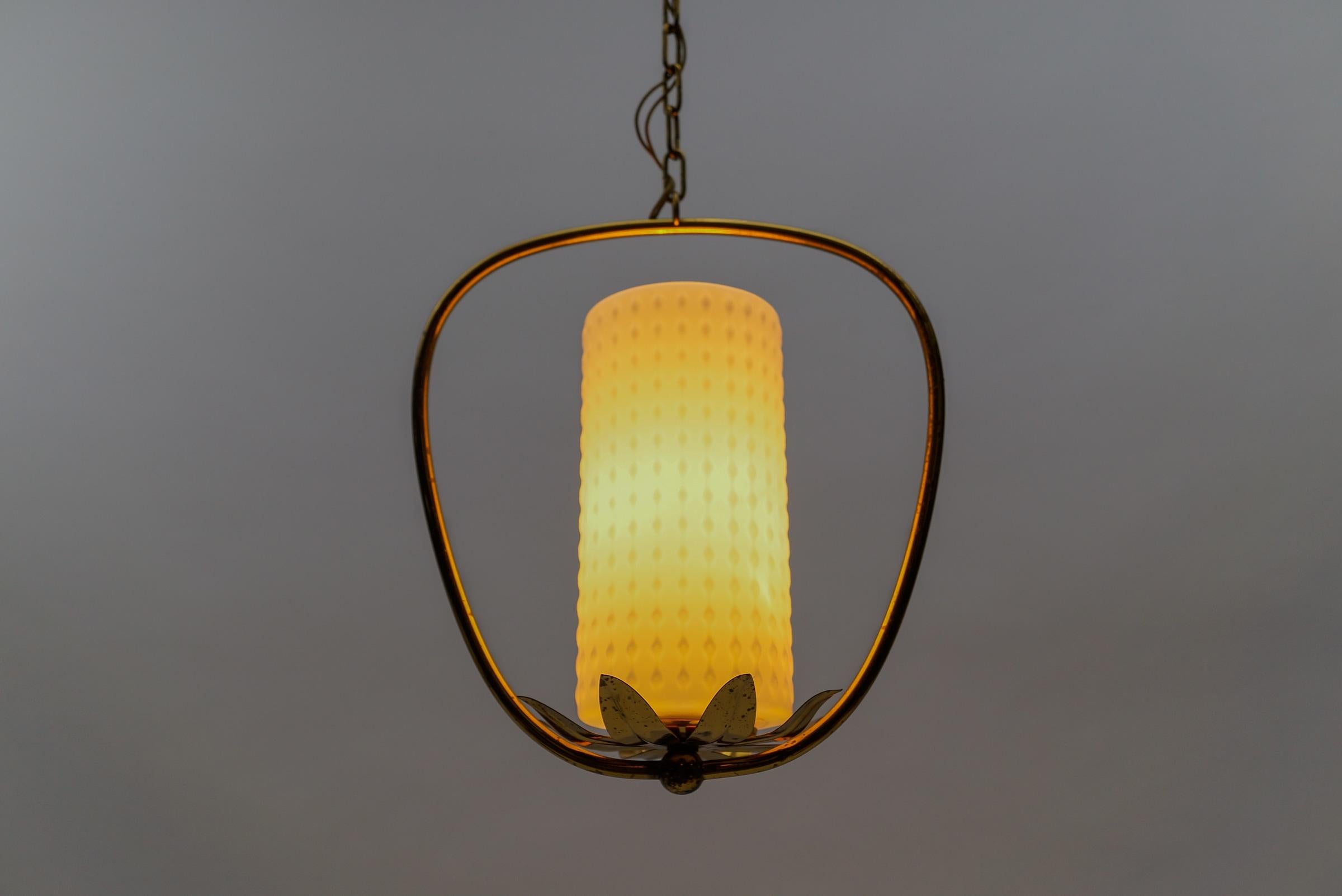 Mid-20th Century 1. of 2 Mid Century Modern Brass & Bubble Opal Glass Pendant Lamp, 1960s Austria For Sale
