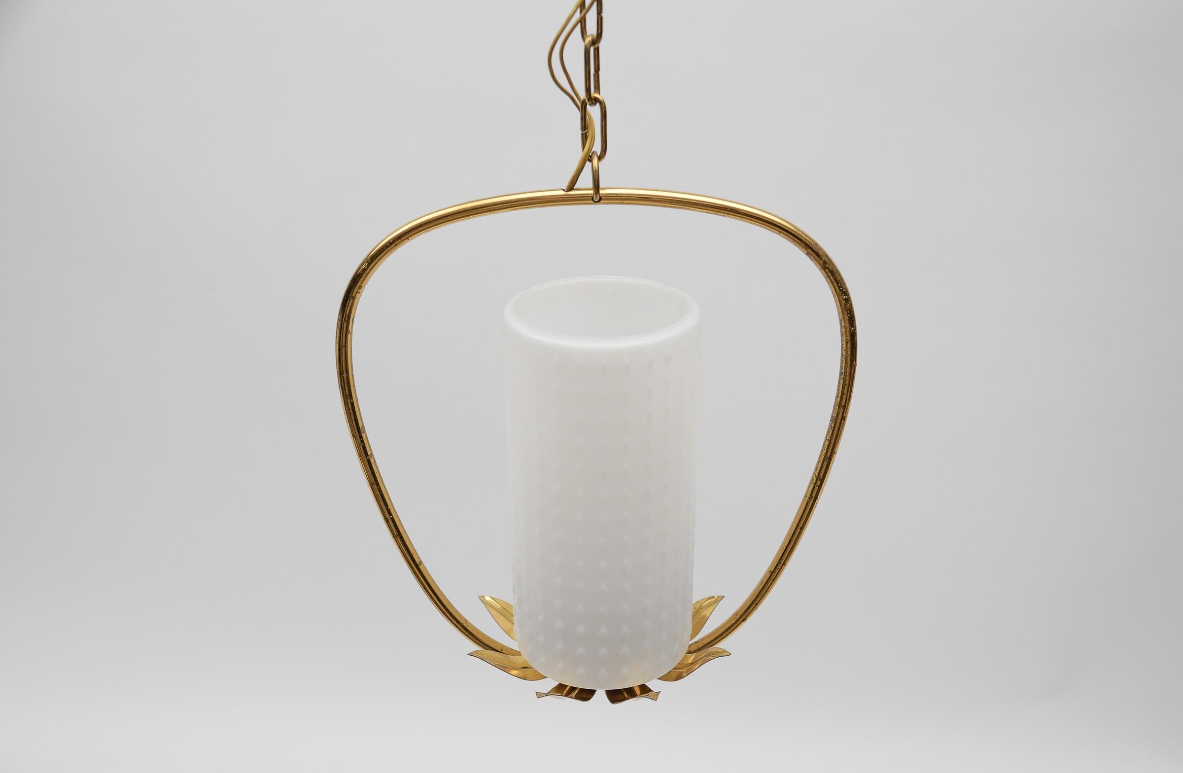1. of 2 Mid Century Modern Brass & Bubble Opal Glass Pendant Lamp, 1960s Austria For Sale 1