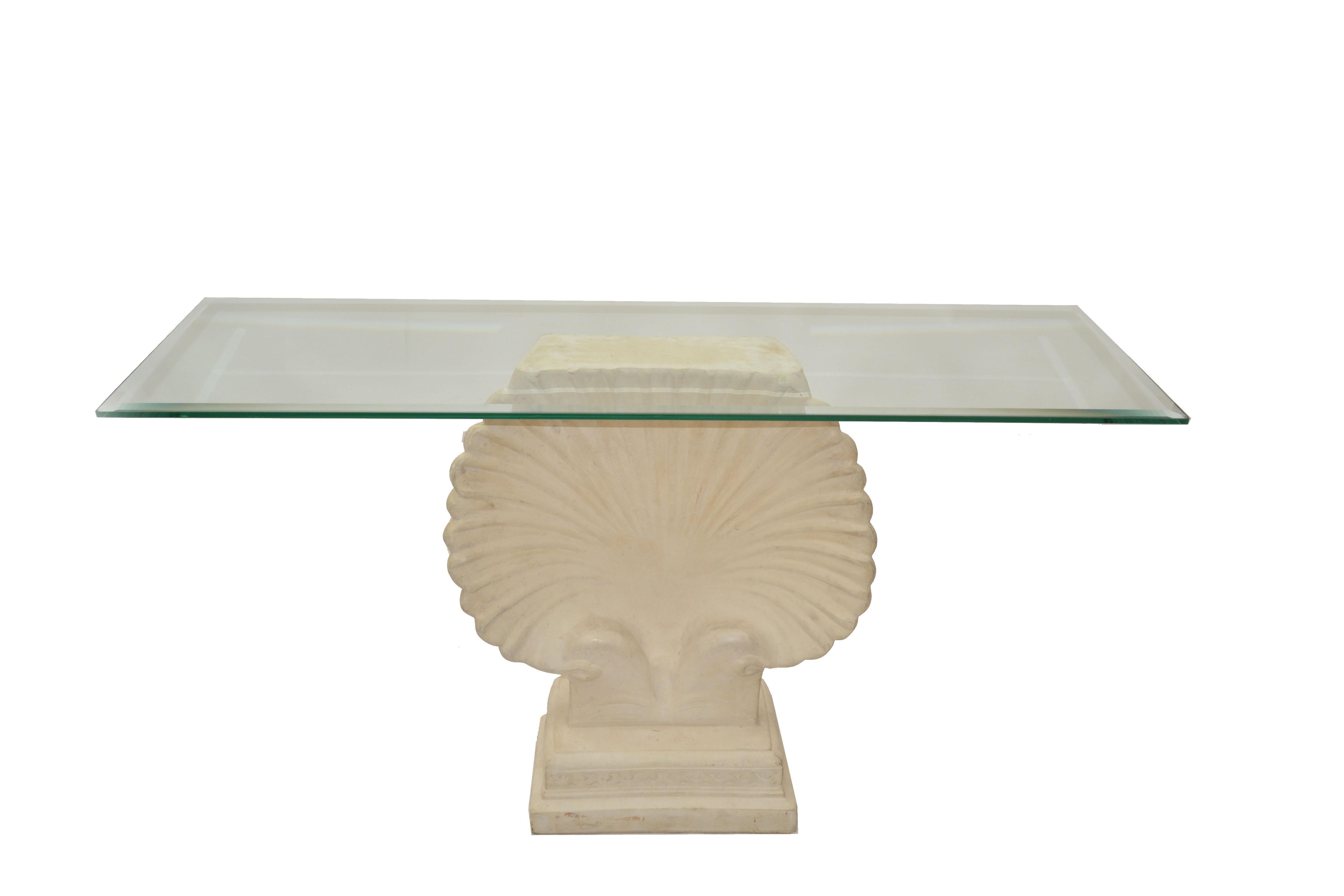 1 of 2 Mid-Century Modern Nautical Hand-Carved Concrete Sea Shell Console Table 7