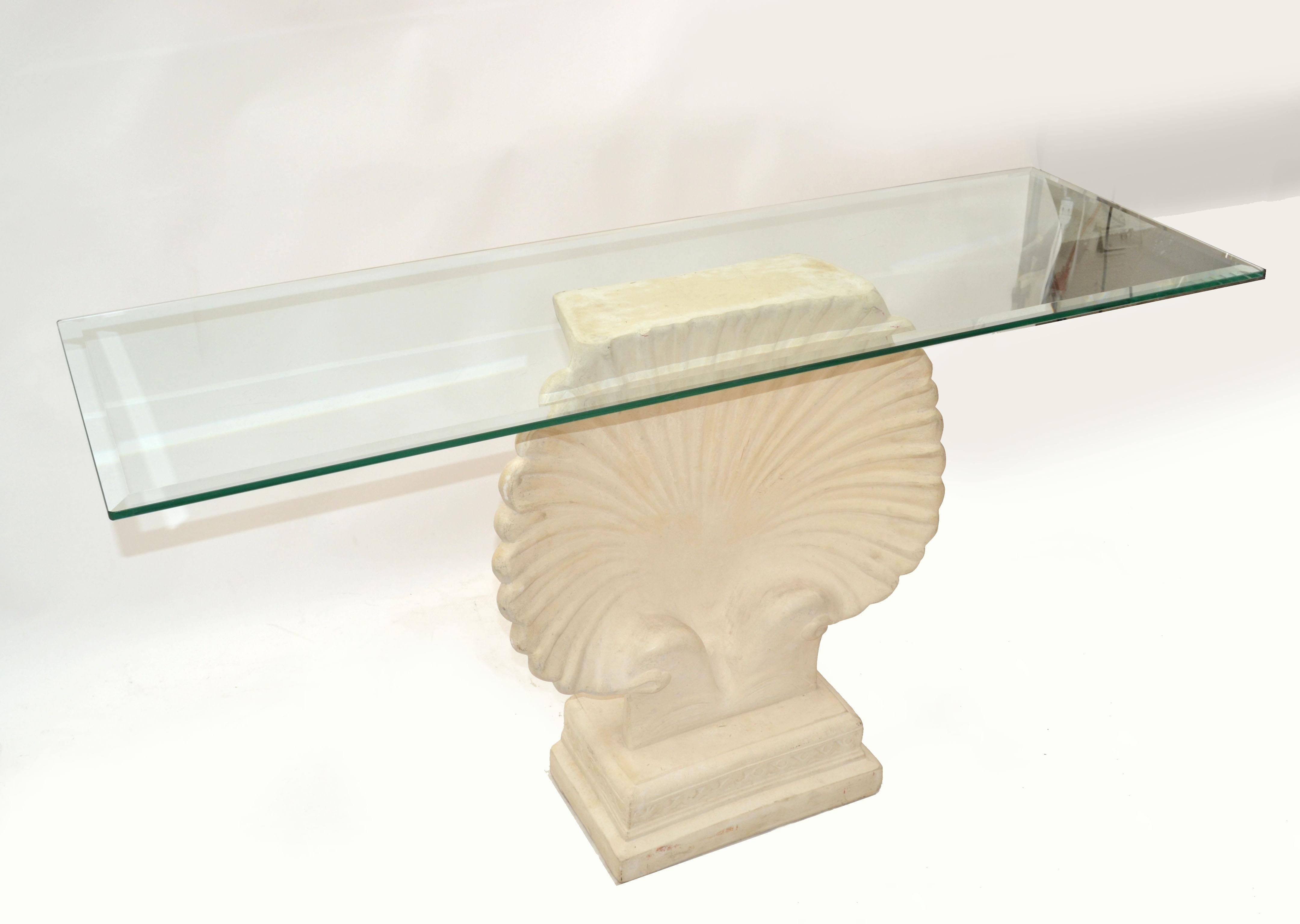 American 1 of 2 Mid-Century Modern Nautical Hand-Carved Concrete Sea Shell Console Table
