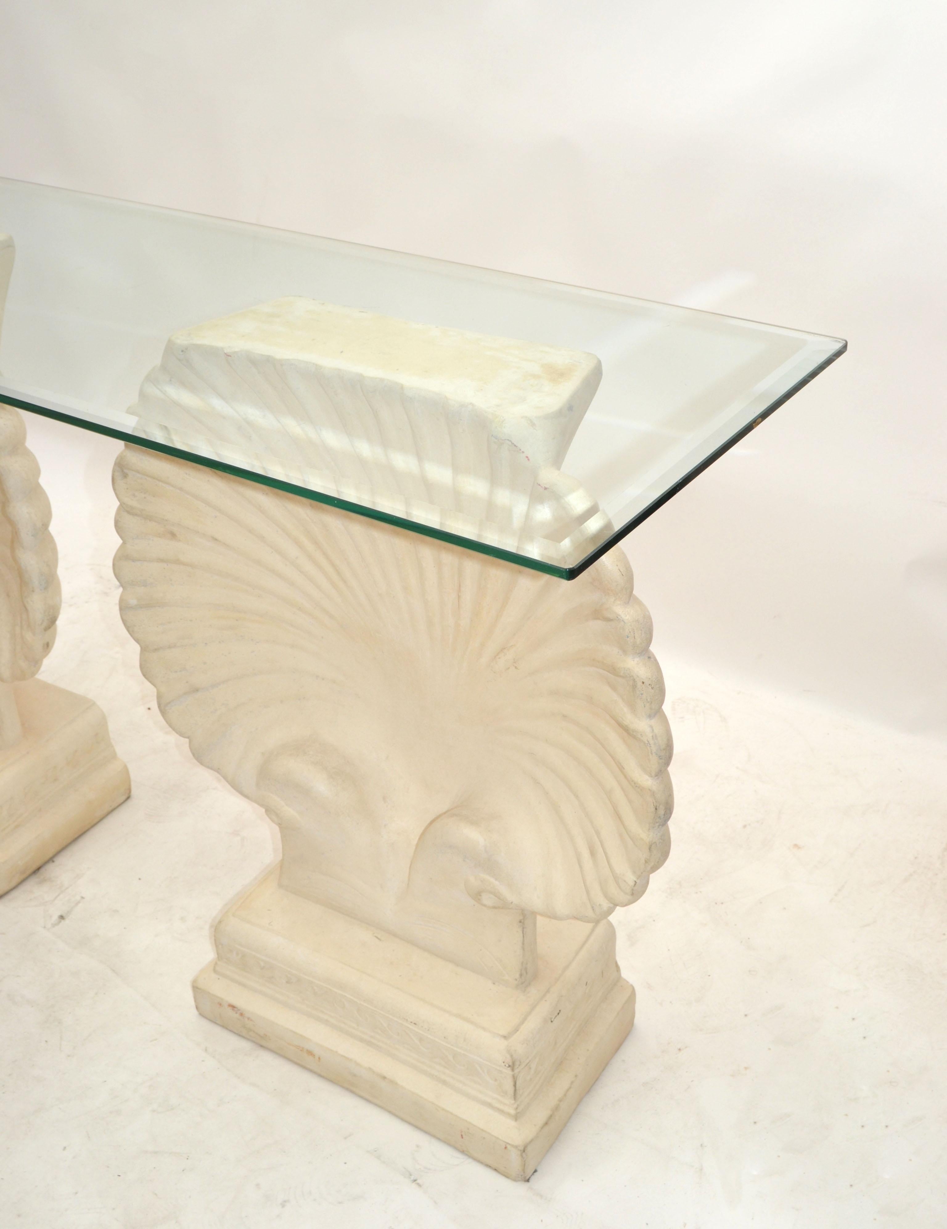 20th Century 1 of 2 Mid-Century Modern Nautical Hand-Carved Concrete Sea Shell Console Table