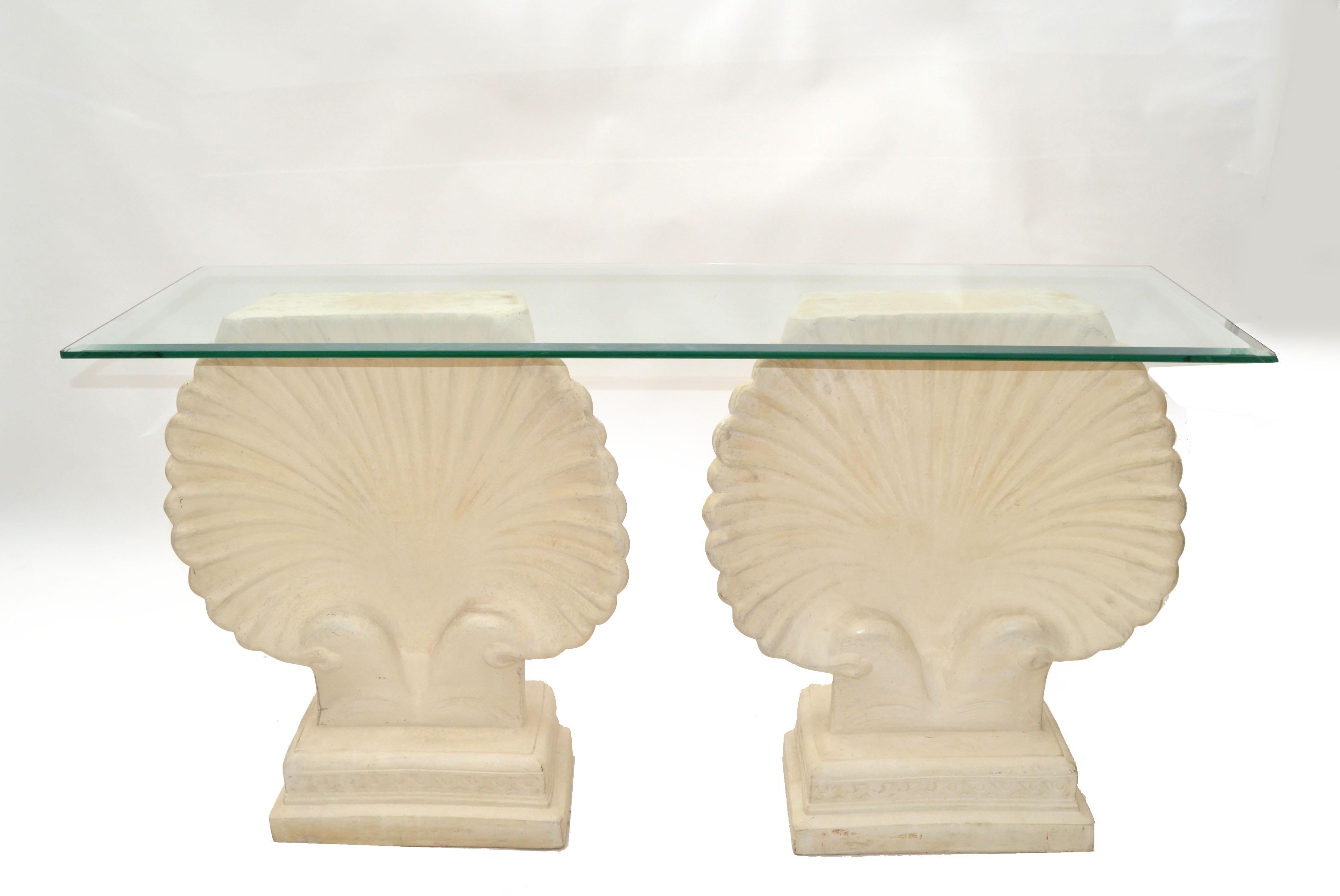 1 of 2 Mid-Century Modern Nautical Hand-Carved Concrete Sea Shell Console Table 1