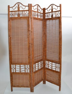 One Mid-Century Modern Tall Solid Bamboo Wood Room Divider Screen Partition