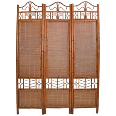 One Mid-Century Modern Tall Solid Bamboo Wood Room Divider Screen Partition