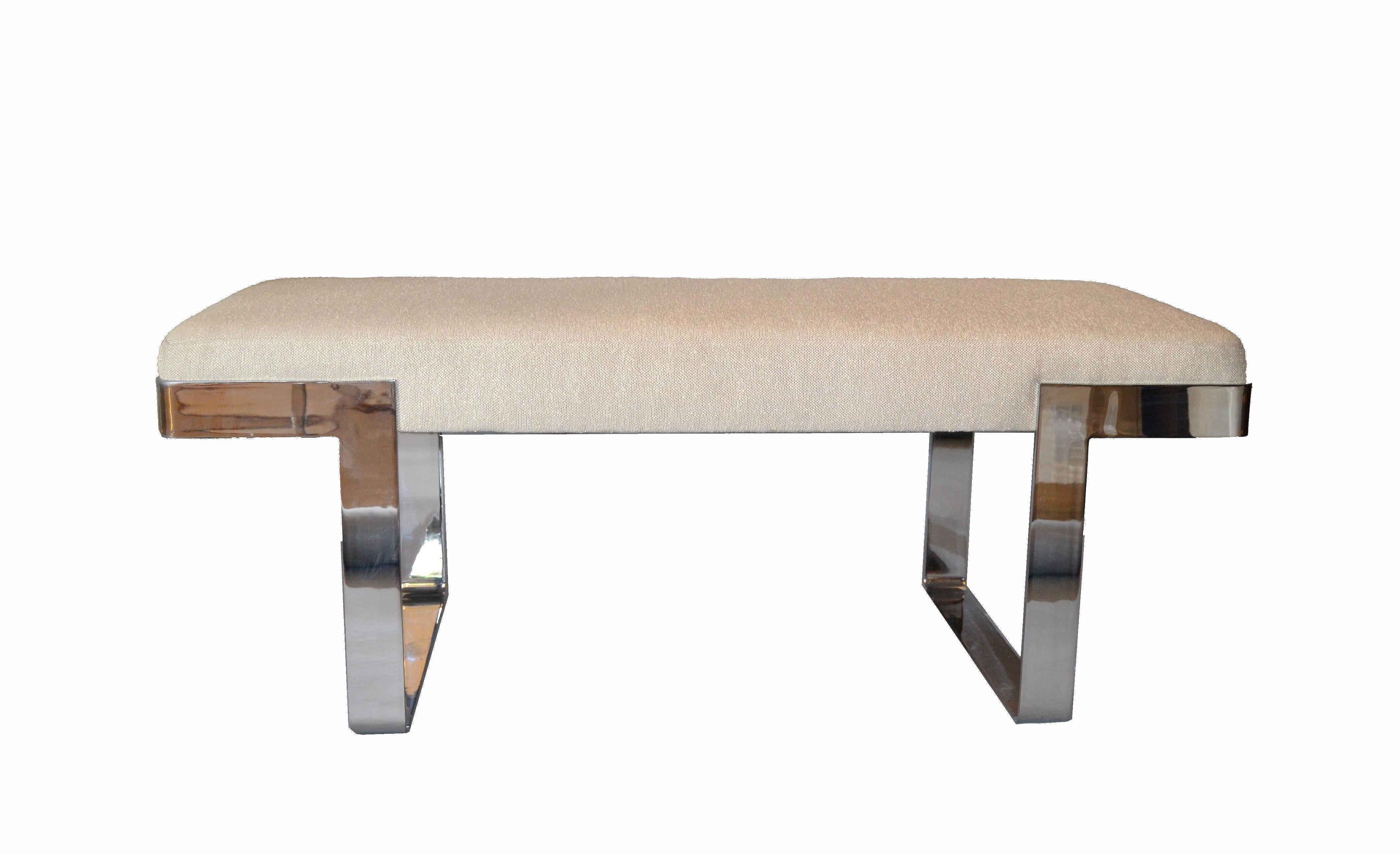 Classic Milo Baughman bench from the Pace Collection.
The base is made out of flat steel bar legs and was recently re-chromed.
Newly upholstered in beige linen and silk fabric.
We have two available.
Each bench is ready for a new home.
 