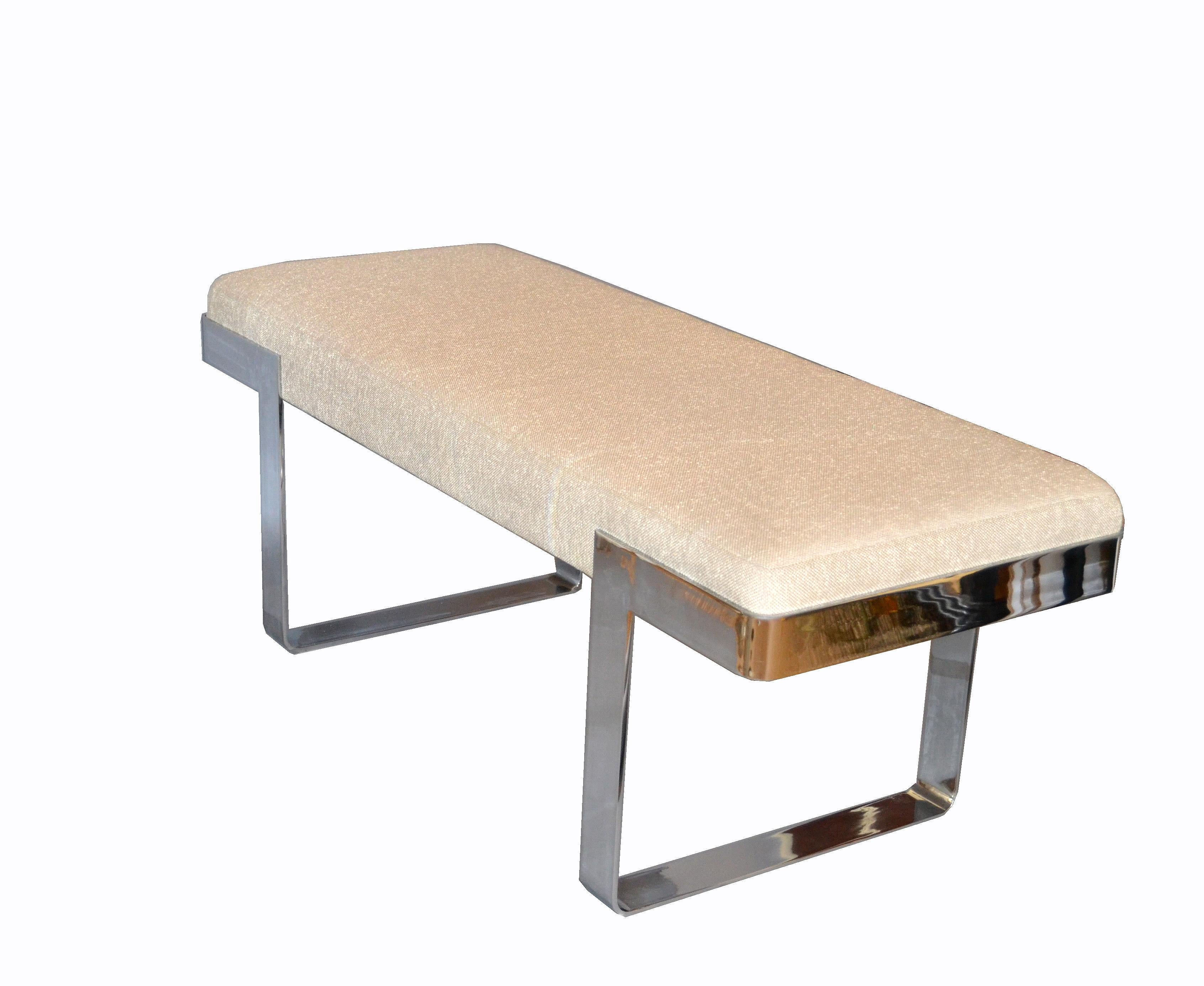 Mid-Century Modern 1 of 2 Milo Baughman Benches Linen Fabric in Beige on Steel Base Pace Collection