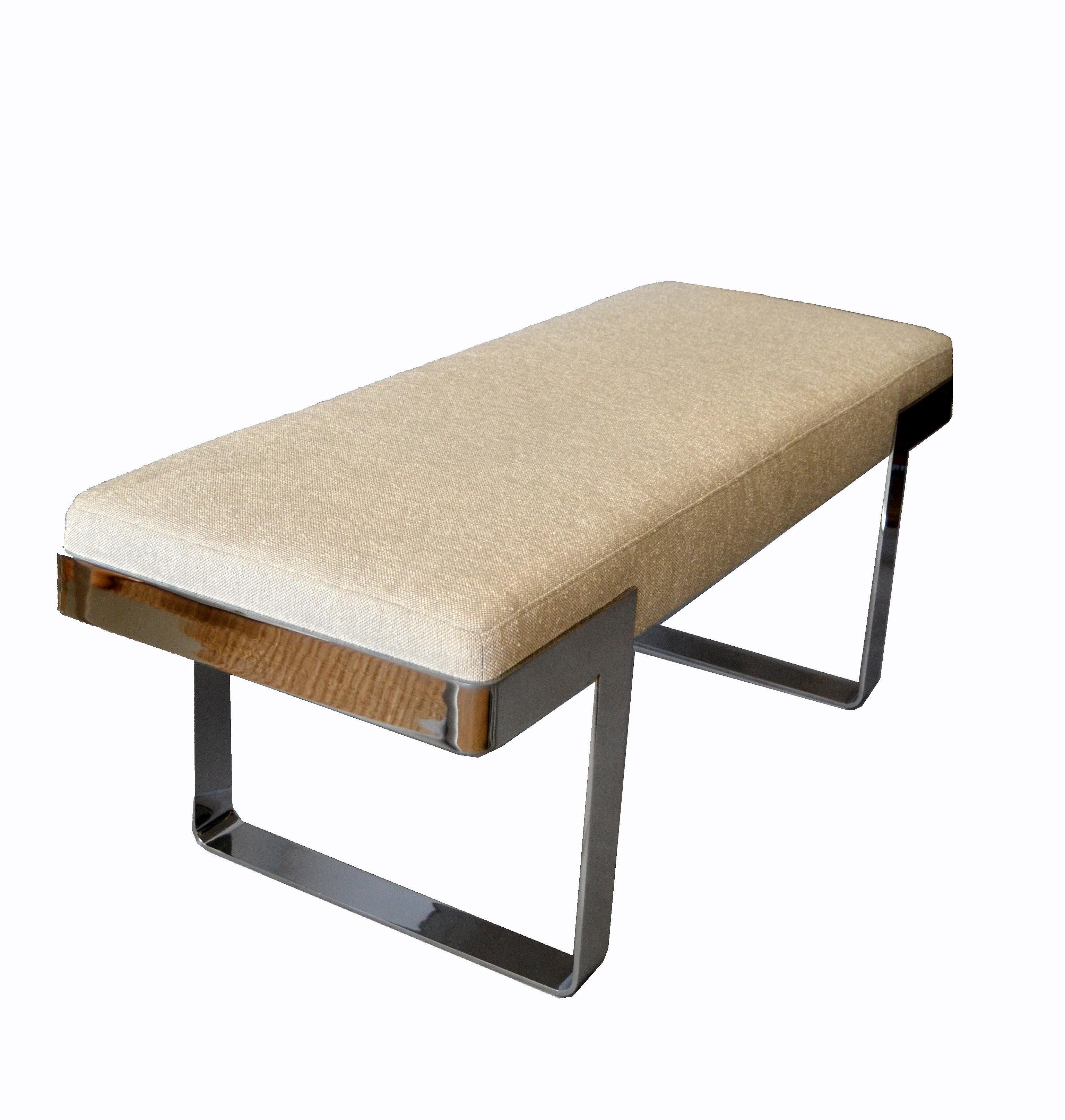 Polished 1 of 2 Milo Baughman Benches Linen Fabric in Beige on Steel Base Pace Collection