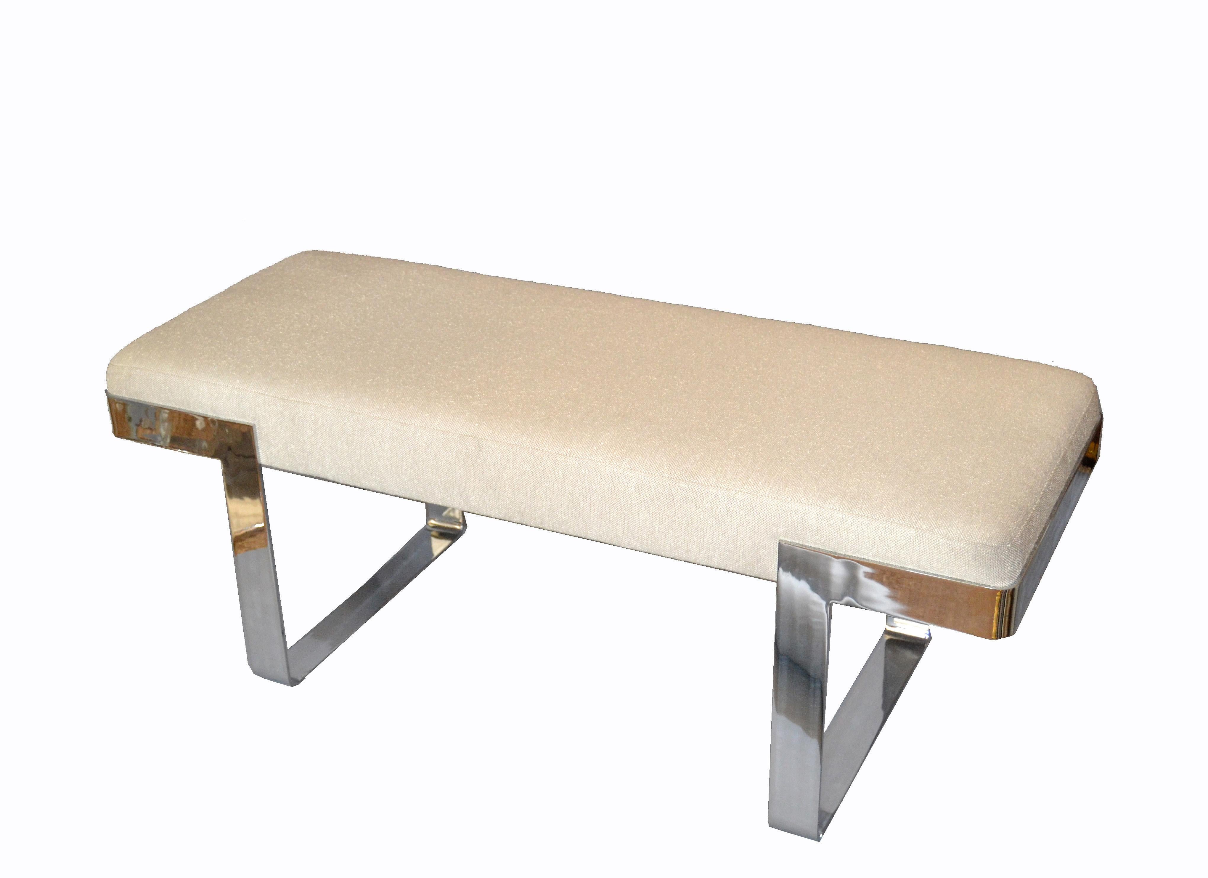 1 of 2 Milo Baughman Benches Linen Fabric in Beige on Steel Base Pace Collection In Excellent Condition In Miami, FL