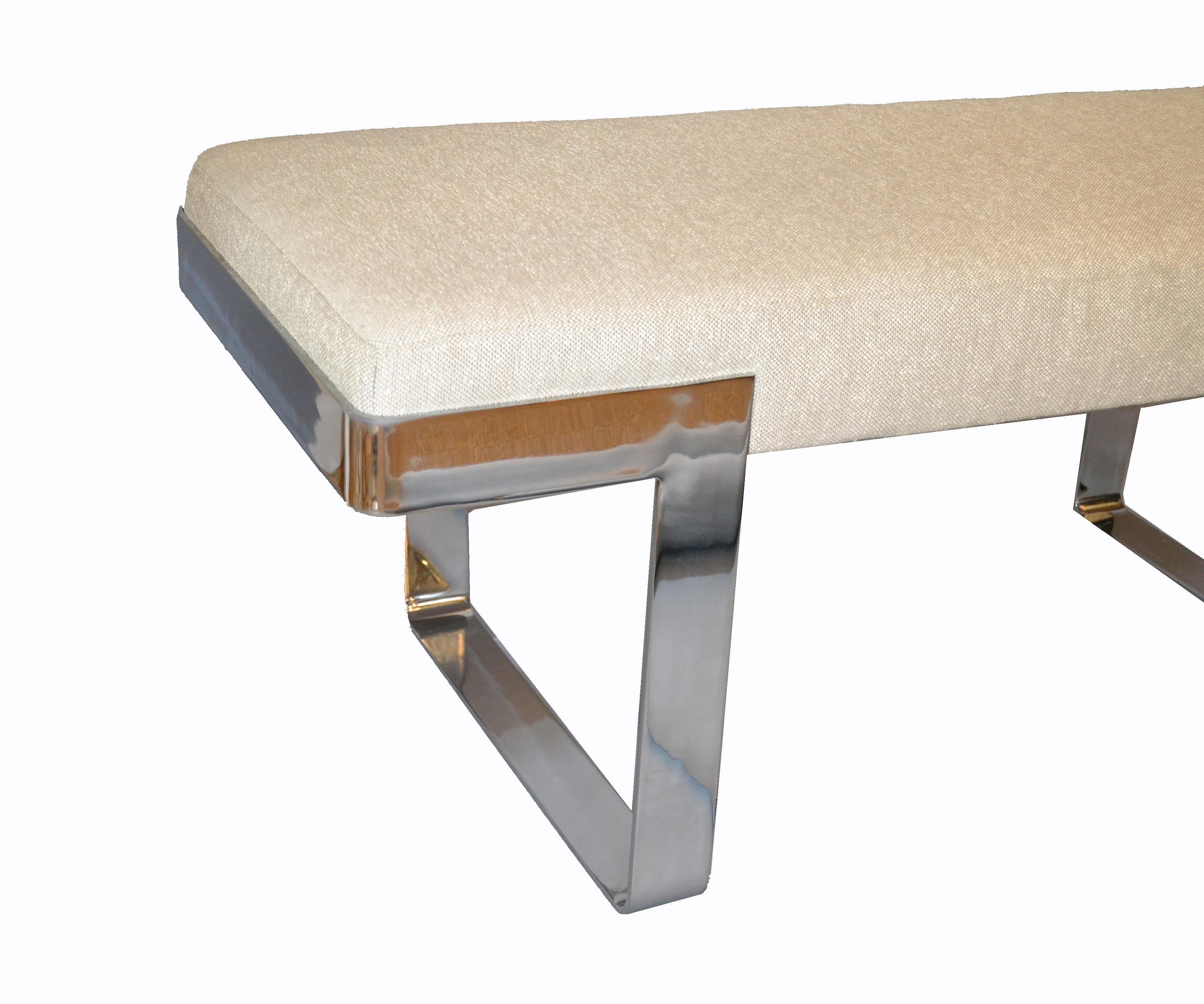 1 of 2 Milo Baughman Benches Linen Fabric in Beige on Steel Base Pace Collection 1