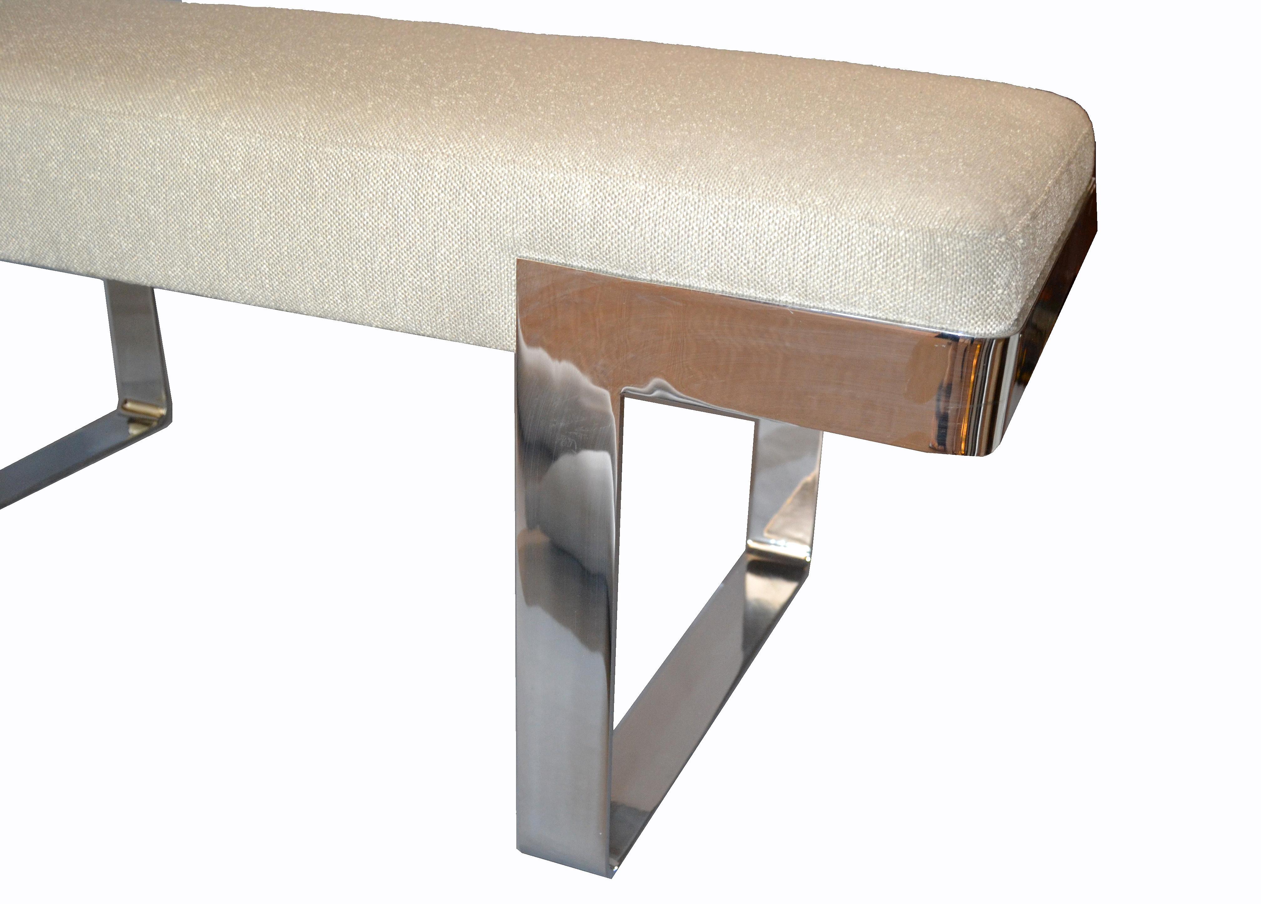 1 of 2 Milo Baughman Benches Linen Fabric in Beige on Steel Base Pace Collection 2