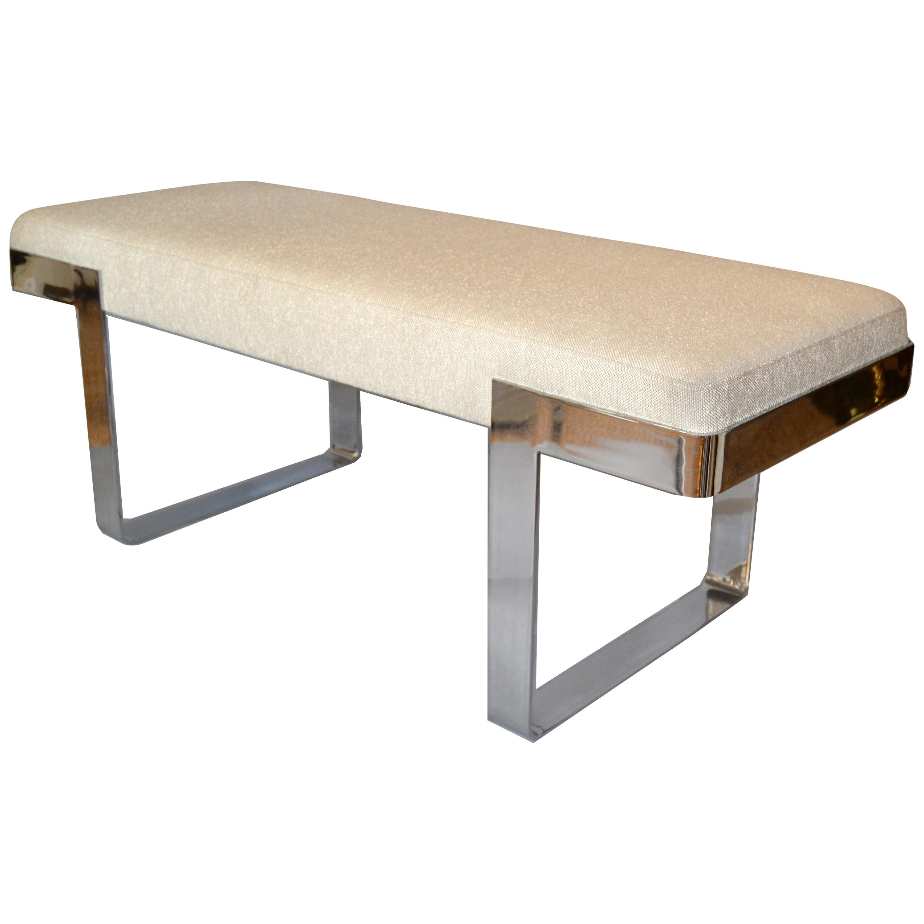 1 of 2 Milo Baughman Benches Linen Fabric in Beige on Steel Base Pace Collection