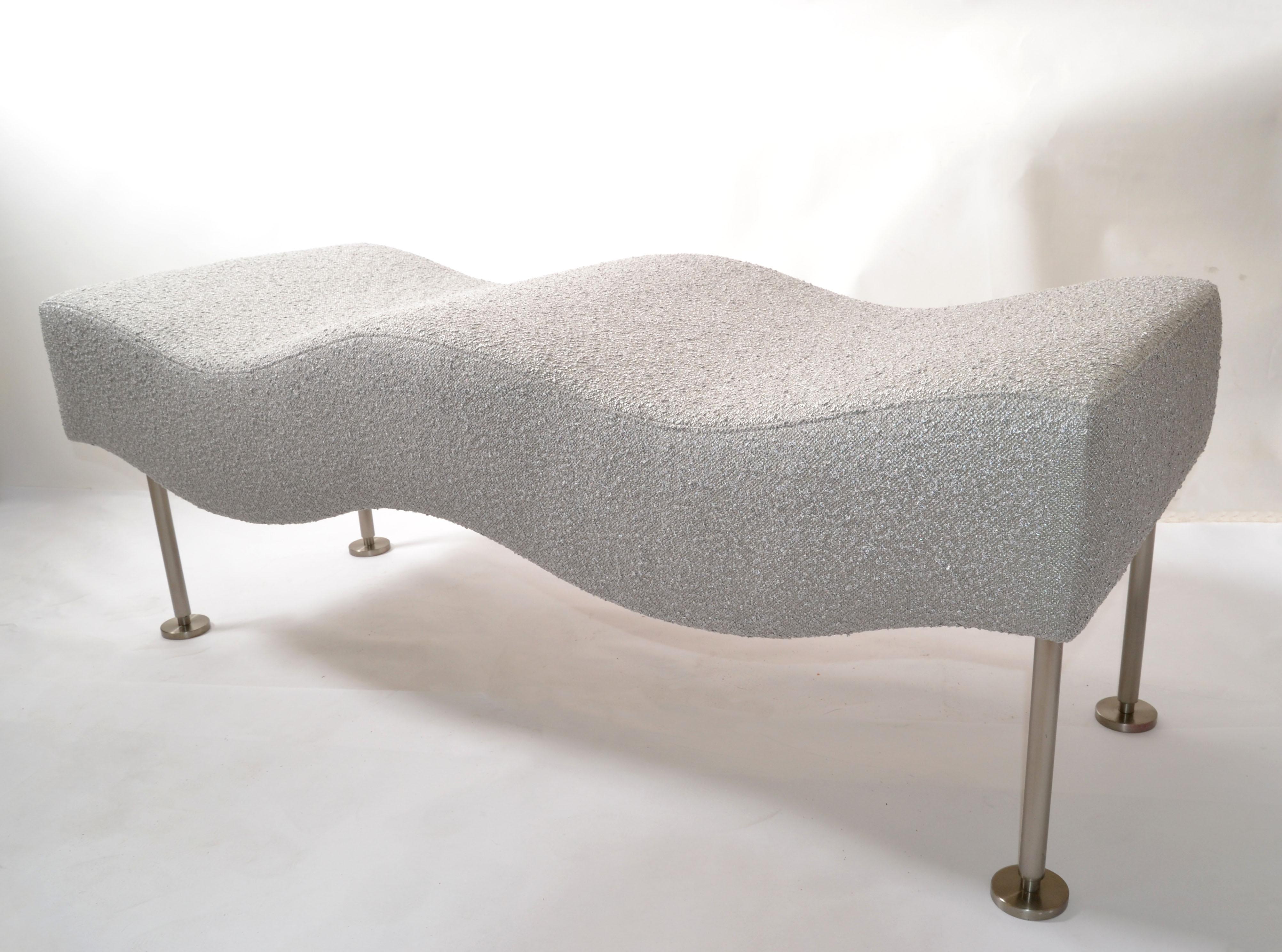 1 of 2 Modern Brueton Industries Silver Gray Bouclé Fabric Wave Daybed Bench 90 For Sale 5