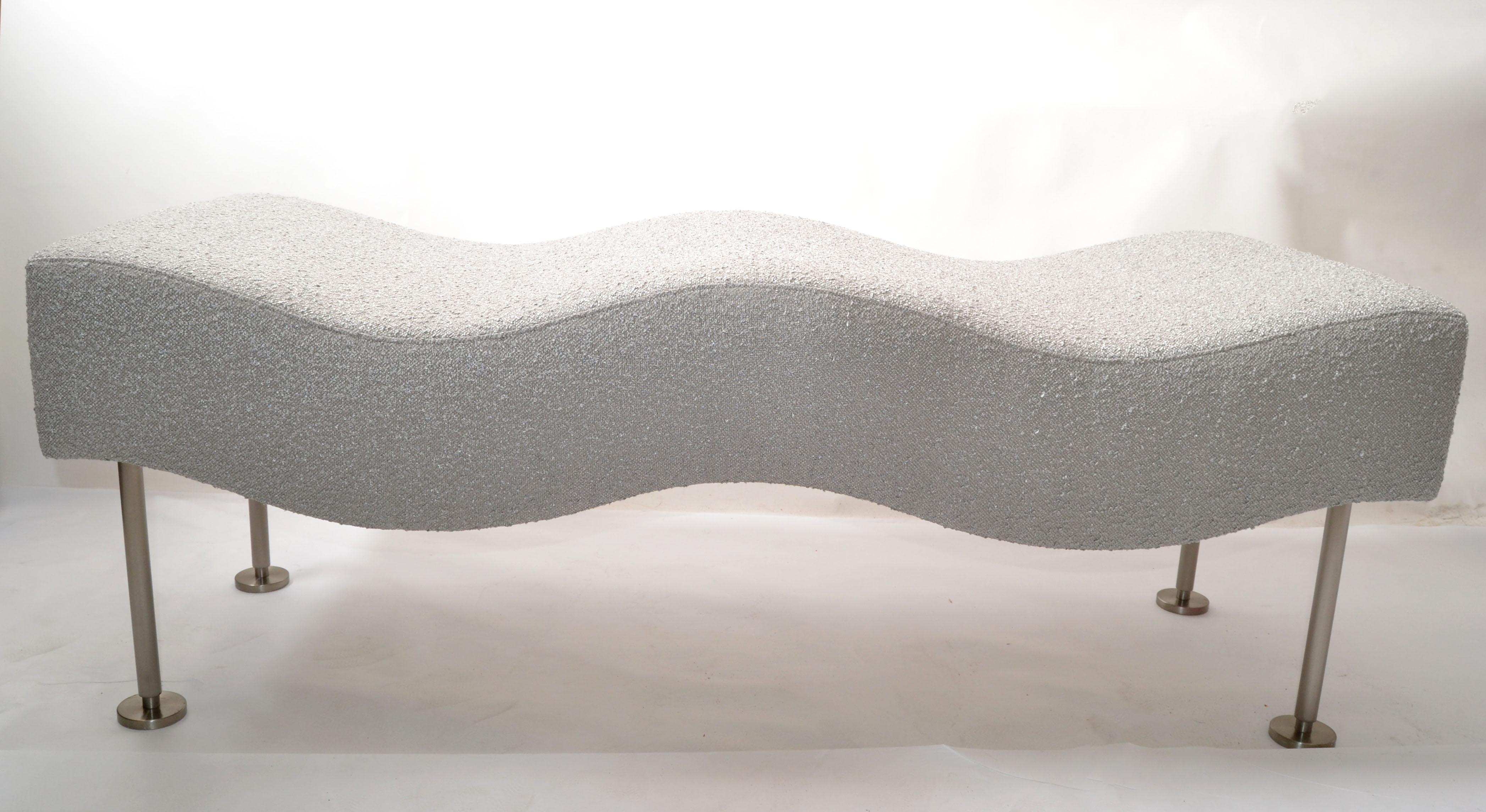 Moderno 1 of 2 Modern Brueton Industries Silver Gray Bouclé Fabric Wave Daybed Bench 90 in vendita