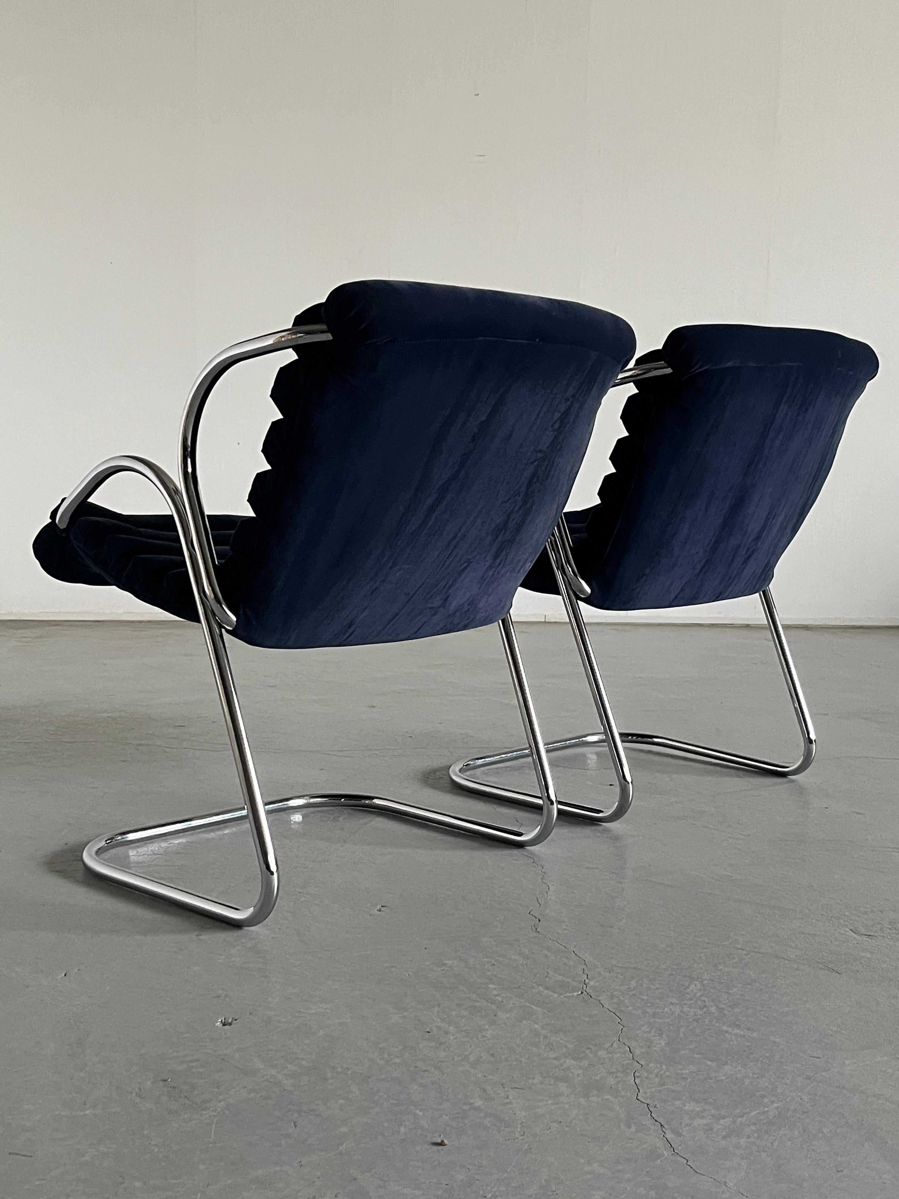 Late 20th Century 1 of 2 Modernist Armchairs in Blue Velvet Upholstery and Chromed Steel, 1970s