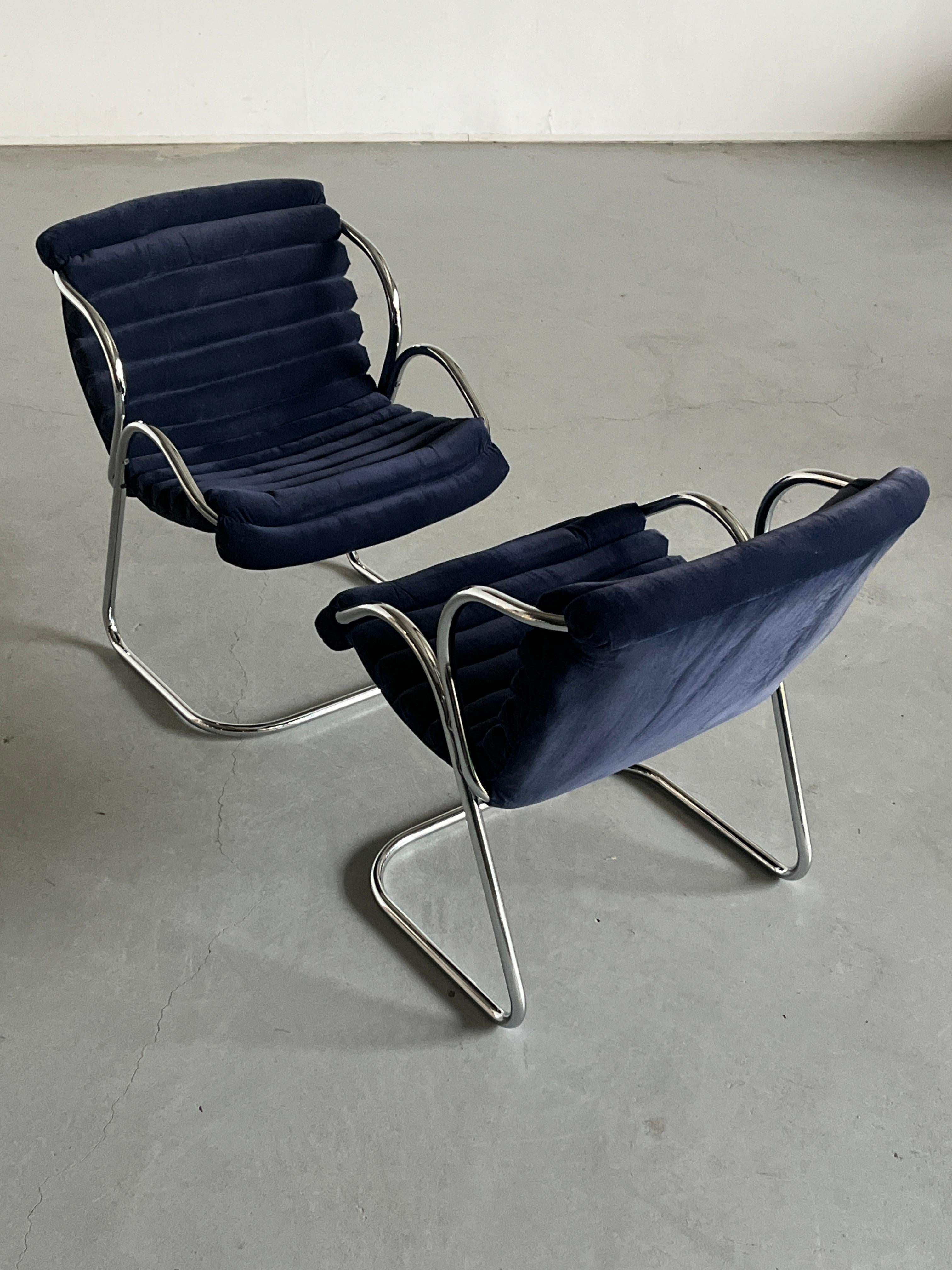 1 of 2 Modernist Armchairs in Blue Velvet Upholstery and Chromed Steel, 1970s 1