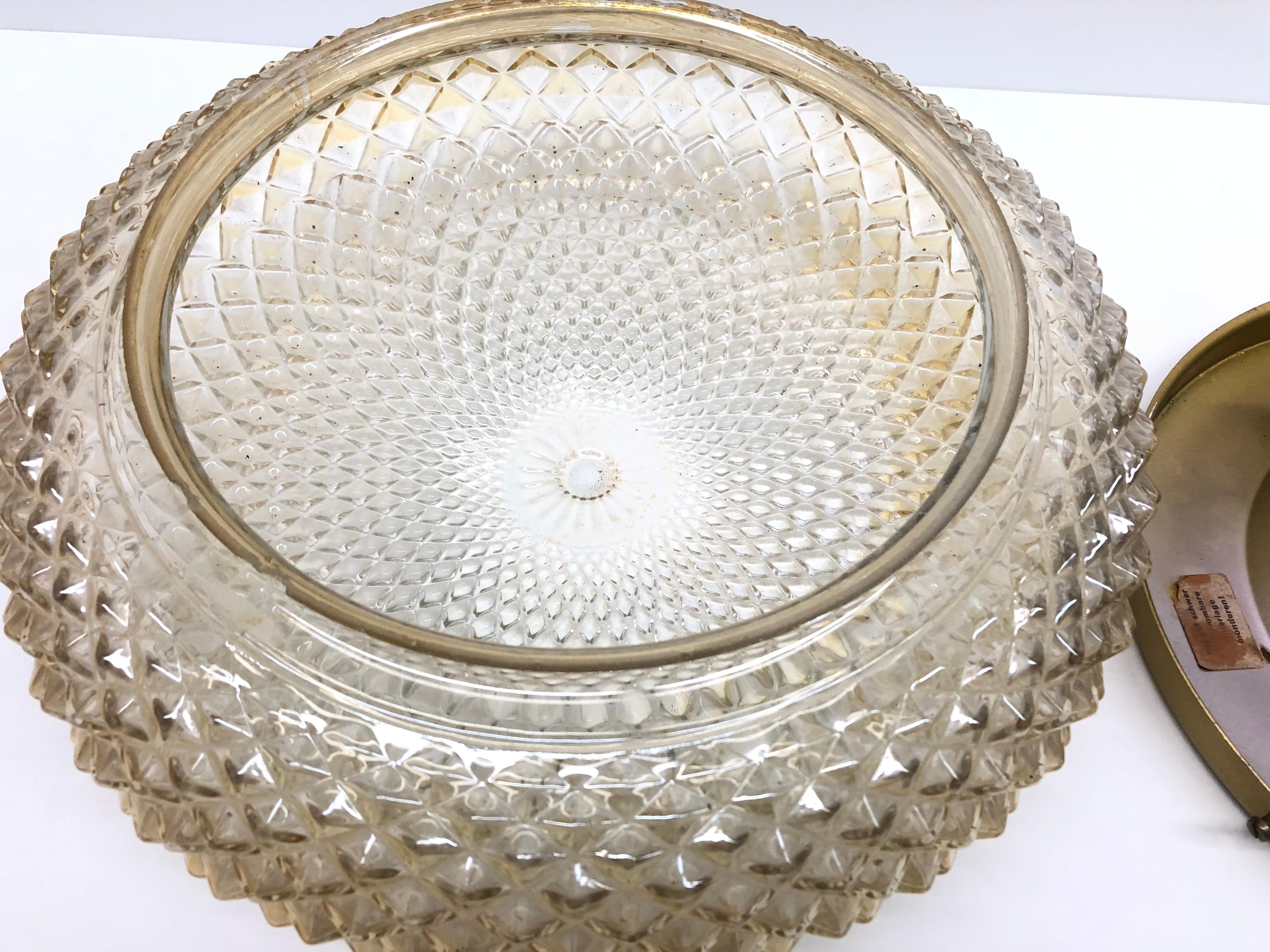 Mid-20th Century 1 of 2 Monumental Crystal Pattern Amber Glass Flush Mount Ceiling Light, 1960s