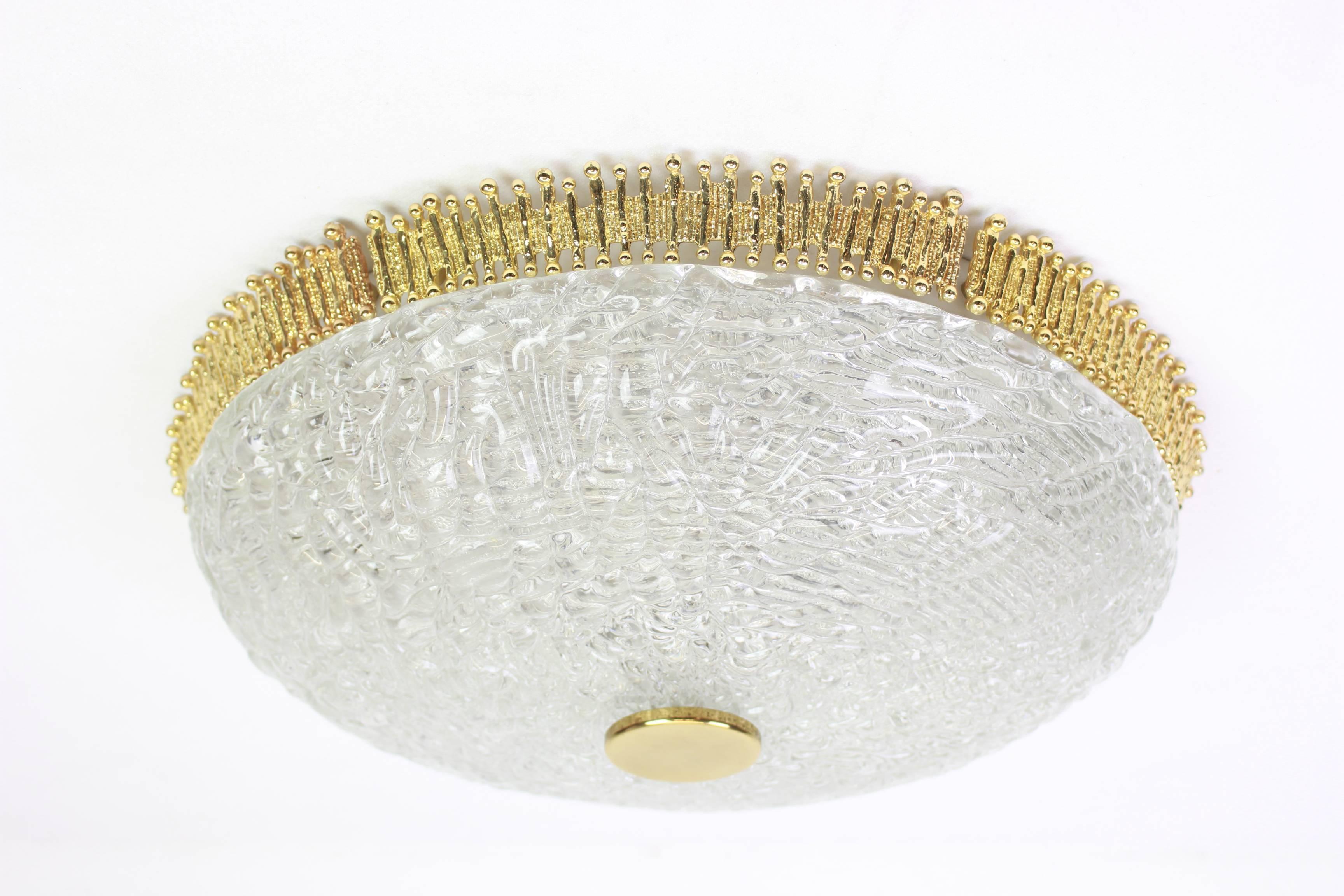 Late 20th Century 1 of 2 Murano Flush Mount Fixture with Sculptural Brass Trim, Germany, 1970s For Sale