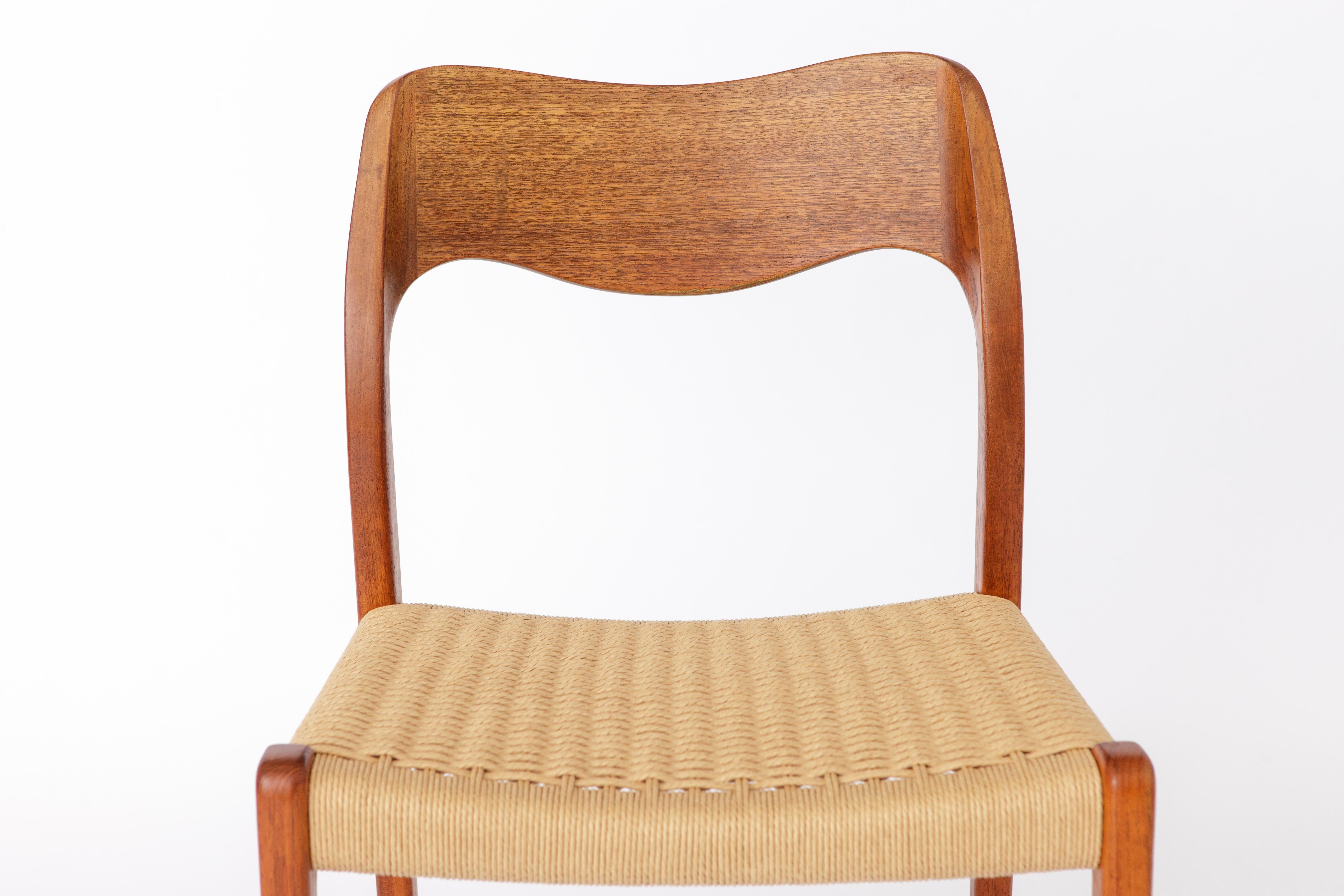 1 of 2 Niels Otto Moller Chairs. Modell 71 in Teak. 
Production period: 1950s. 
Displayed price is for 1 chairs. Totally 2 available. 

Very good condition. Stable teak frame. Refurbished and oiled. 
Seat weavings were renewed. 
Manufacturer's mark