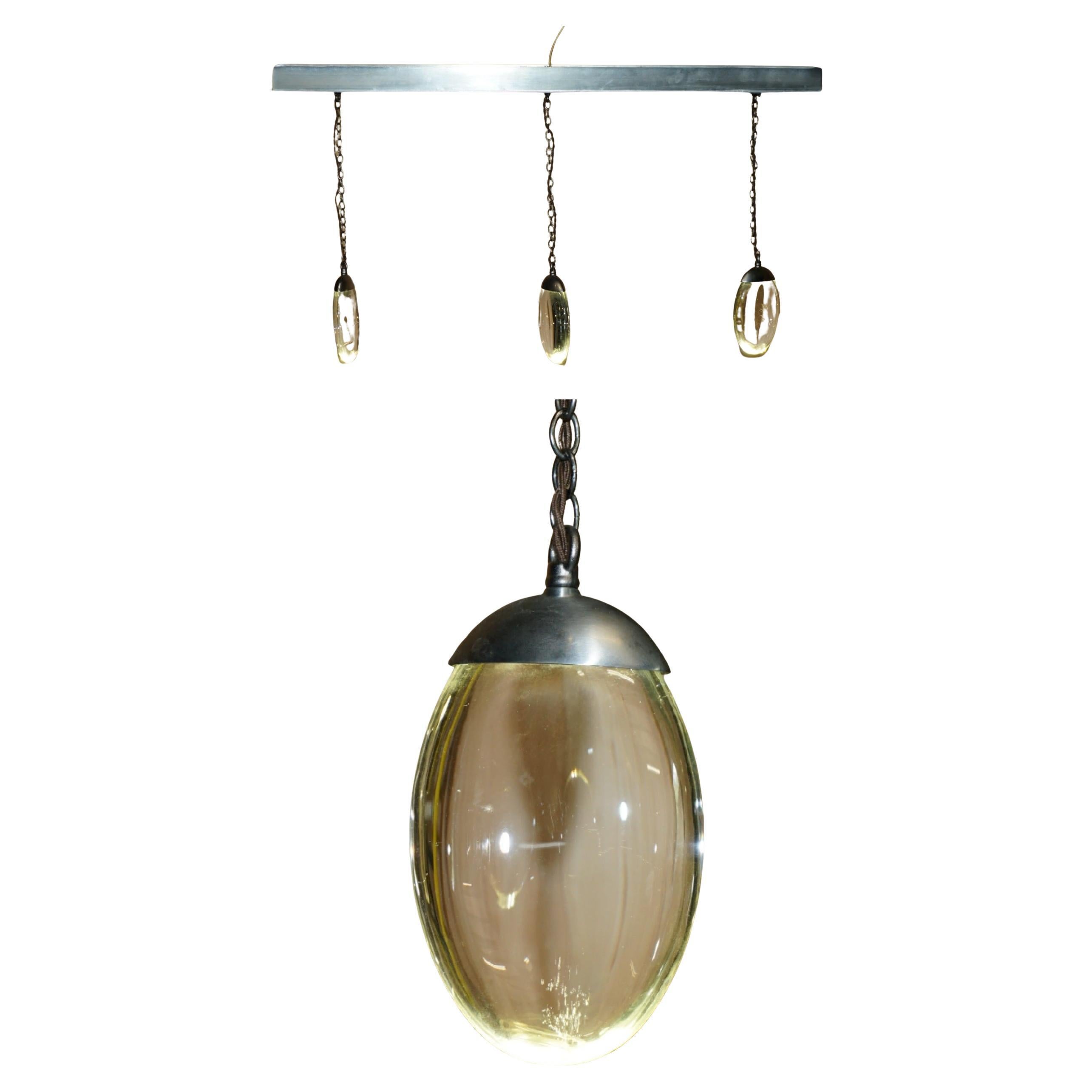 1 OF 2 OCHRE CELESTIAL THREE PEBBLE CHANDELIER LINEAR KITCHEN LIGHTs For Sale