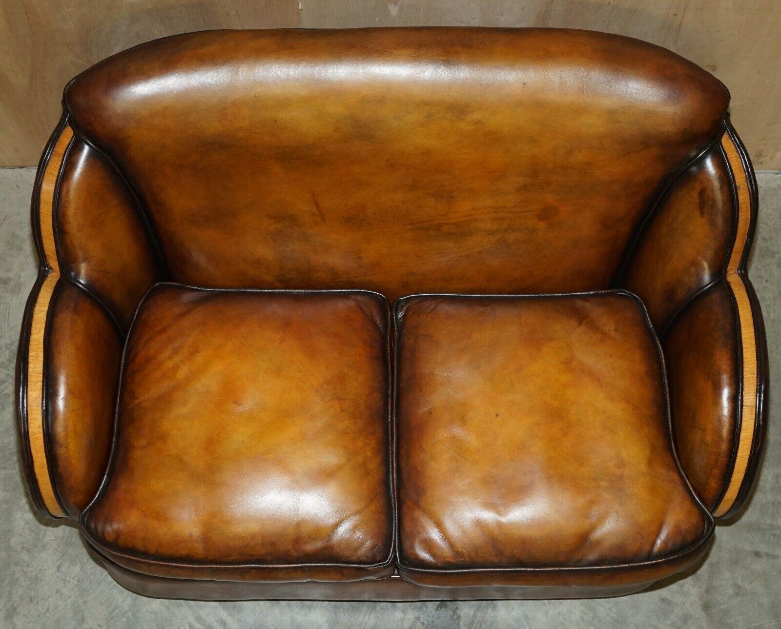 1 OF 2 OF RESTORED ART DECO HARRY & LOU EPSTEIN HAND DYED BROWN LEATHER SOFAs For Sale 3