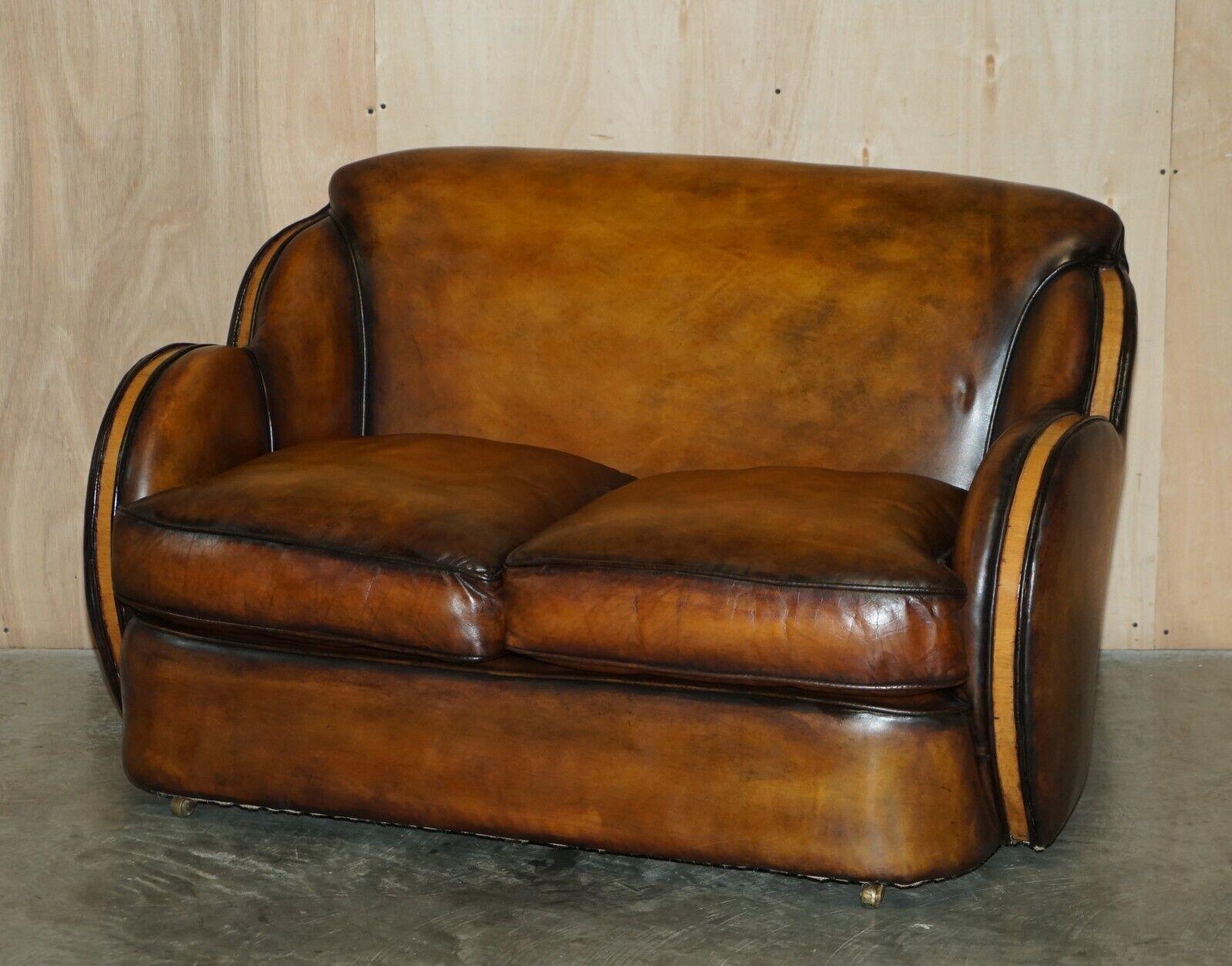 1 OF 2 OF RESTORED ART DECO HARRY & LOU EPSTEIN HAND DYED BROWN LEATHER SOFAs For Sale 8