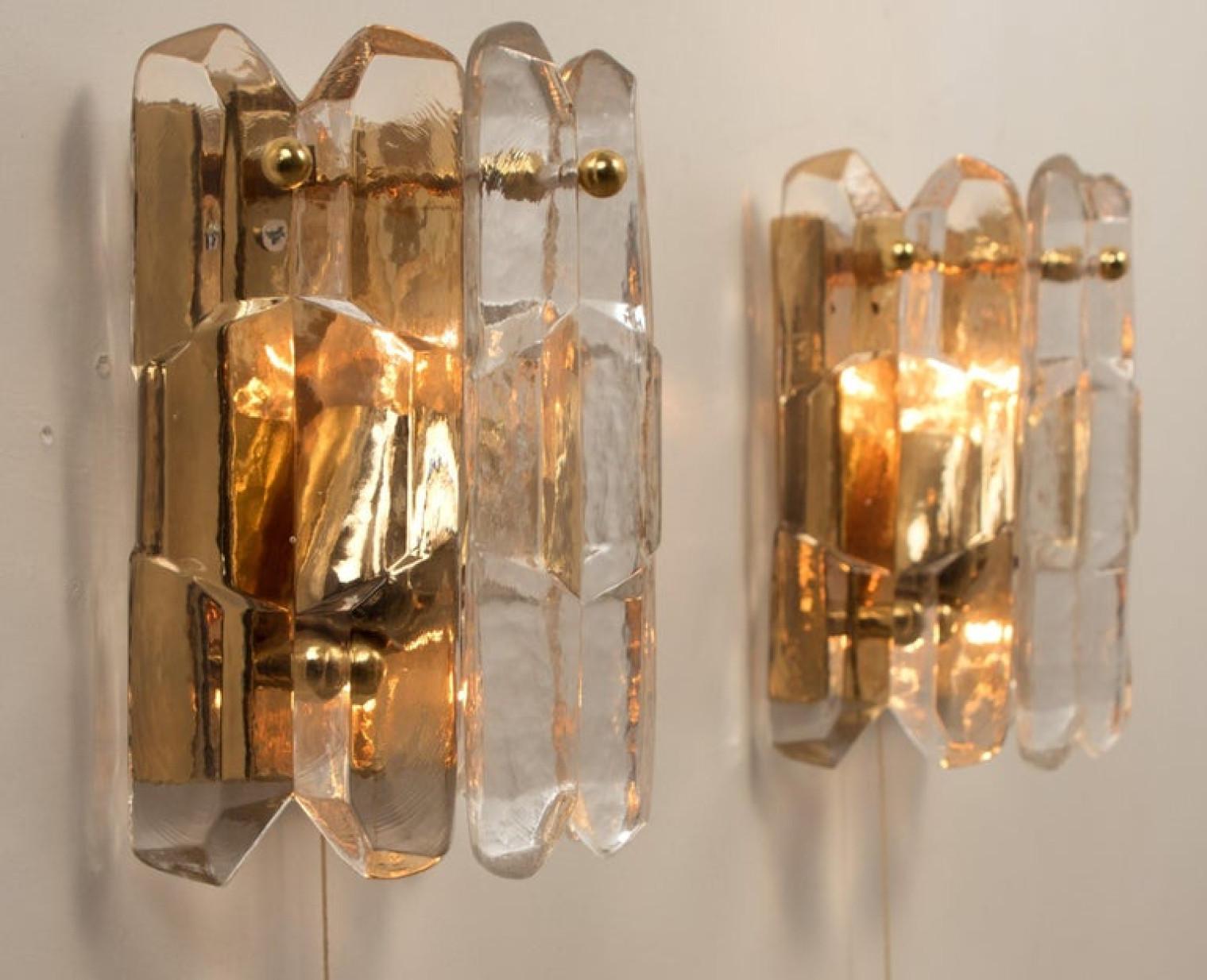 1 of 2 Pair of J.T. Kalmar 'Palazzo' Wall Light Fixtures Gilt Brass and Glass For Sale 4