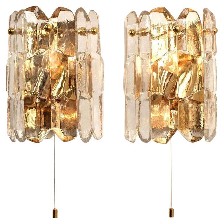 1 of 2 Pair of J.T. Kalmar 'Palazzo' Wall Light Fixtures Gilt Brass and Glass For Sale