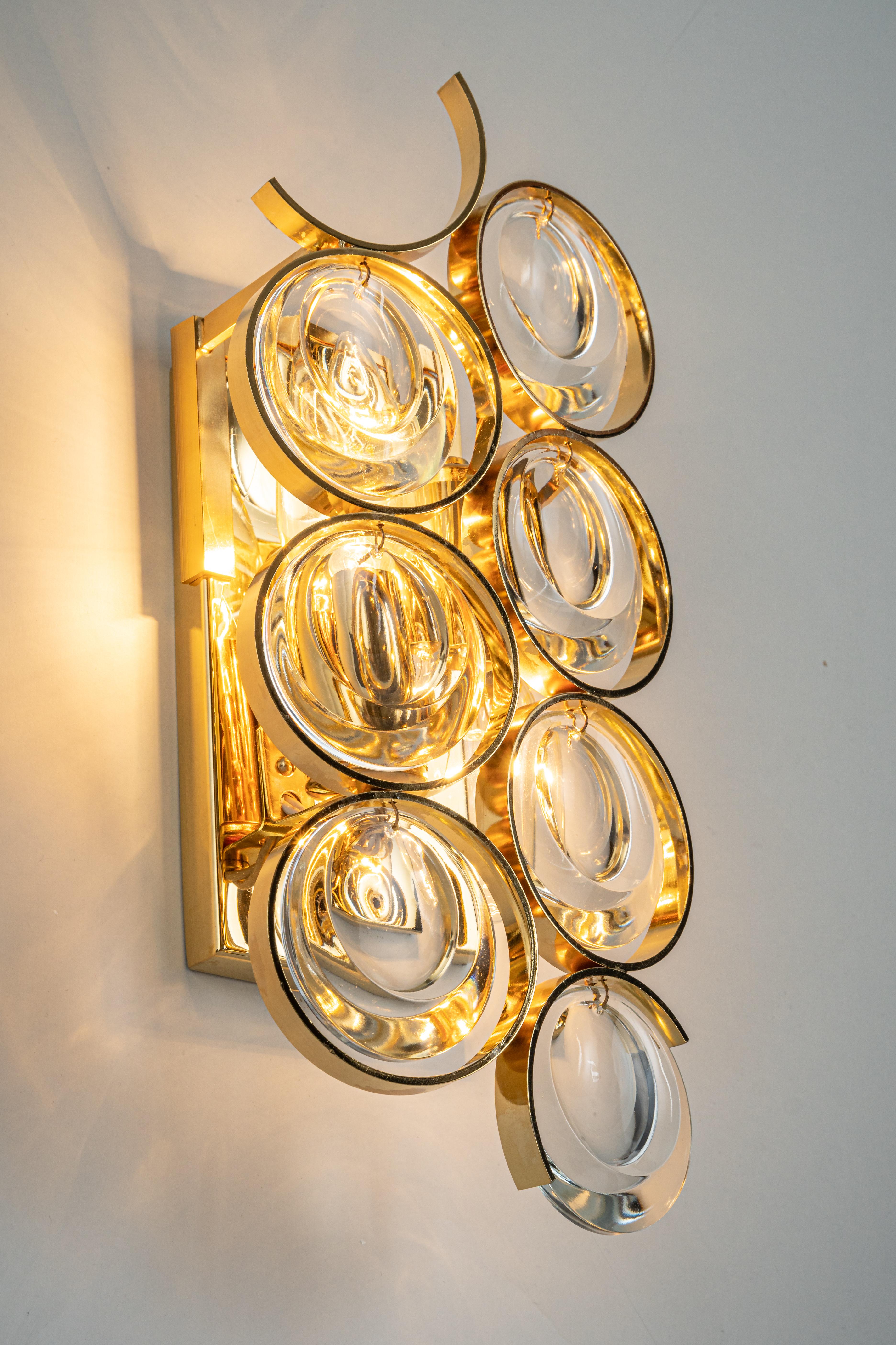 1 of 2 Pairs of Golden Gilded Brass and Crystal Sconce by Palwa, Germany, 1960s For Sale 1