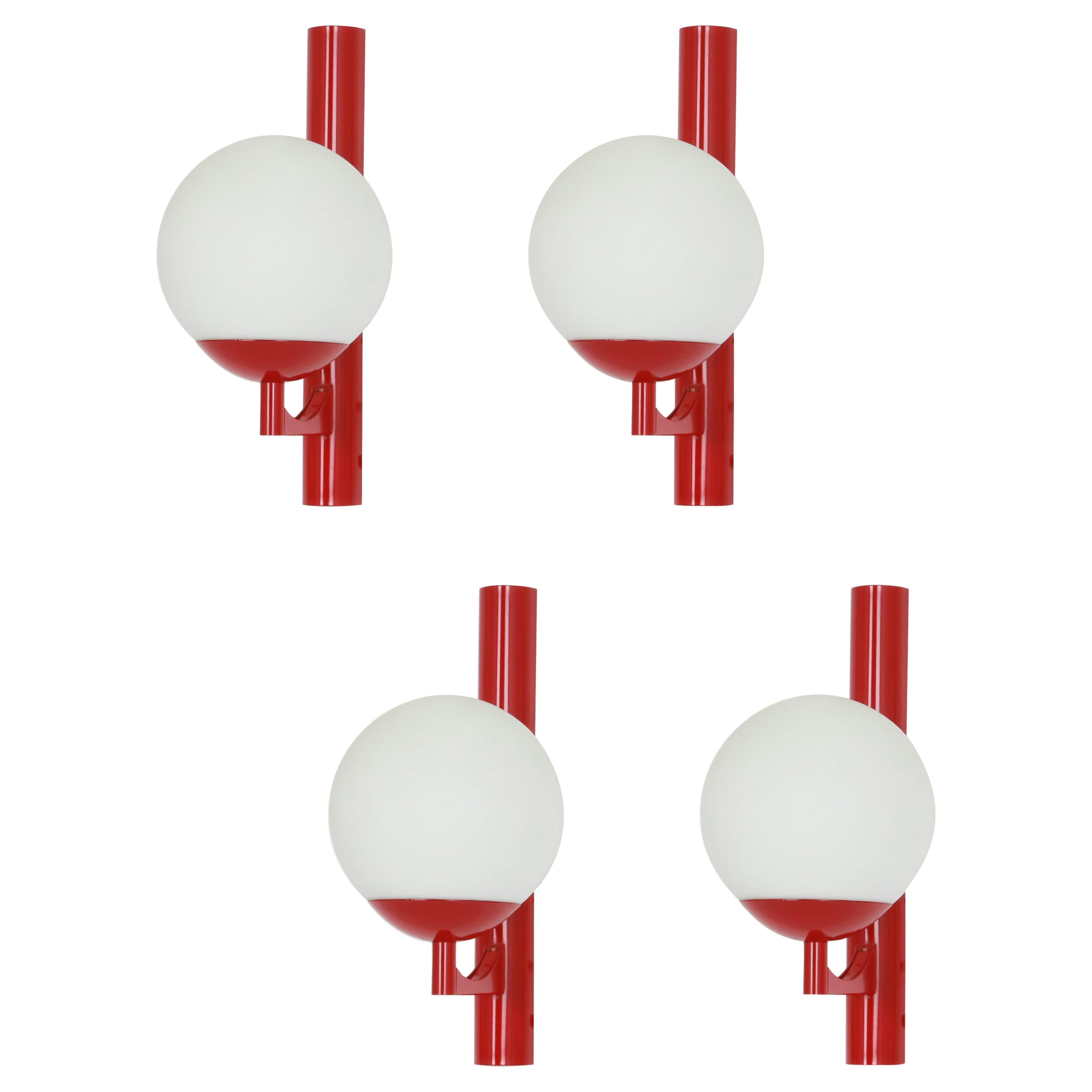 Set of 3 Red color Sconces Opal Glass Wall Lights, Germany, 1960s