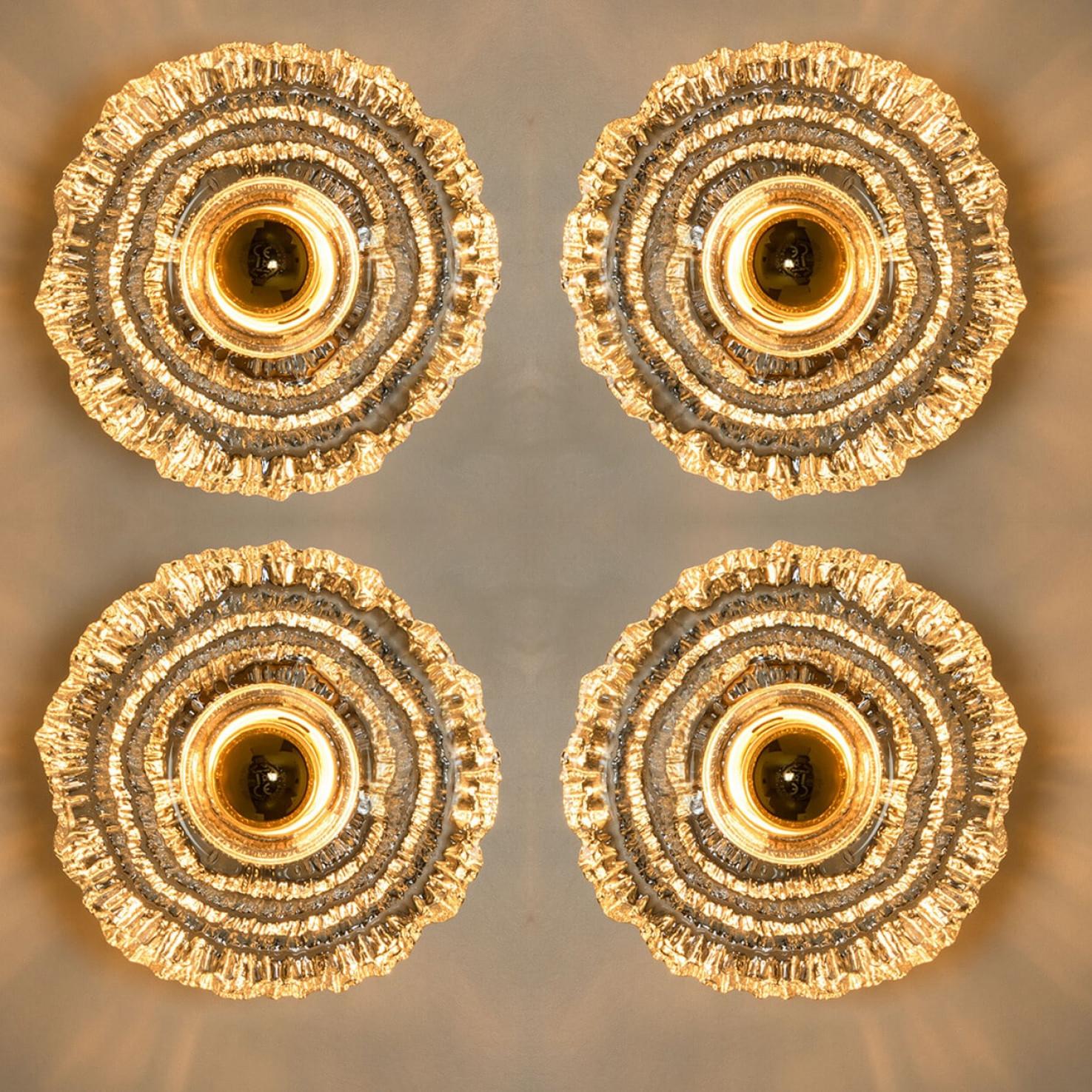 1 of 2 Pairs Round Gold Glass Wall Lights/Flush mounts by Peill Putzler, 1970 For Sale 7