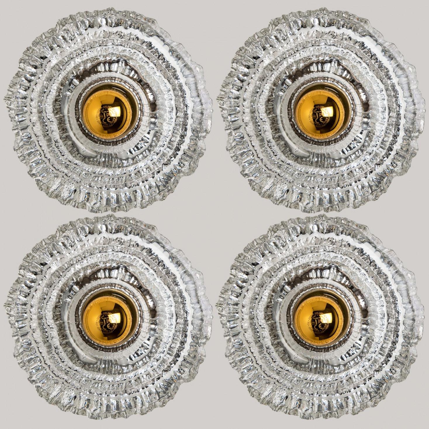 1 of 2 Pairs Round Gold Glass Wall Lights/Flush mounts by Peill Putzler, 1970 For Sale 2