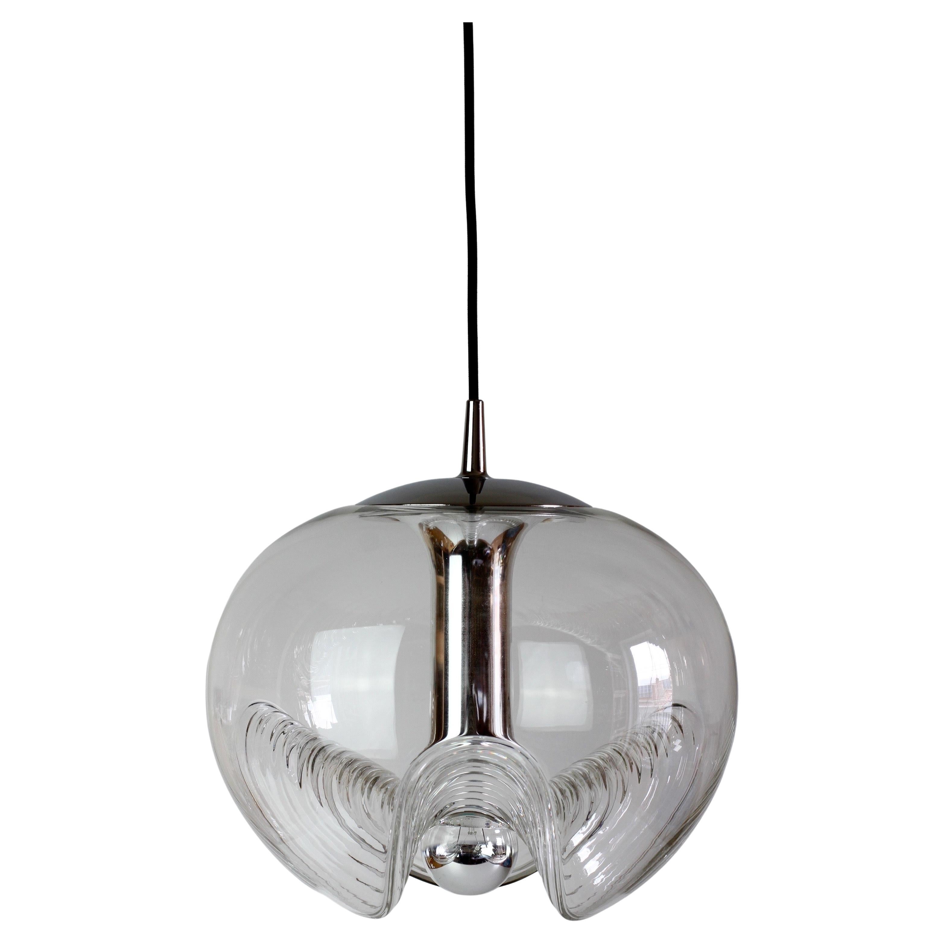 1 of 2 Peill 
Putzler 1970s Large Biomorphic Glass 
Chrome Pendant Lights