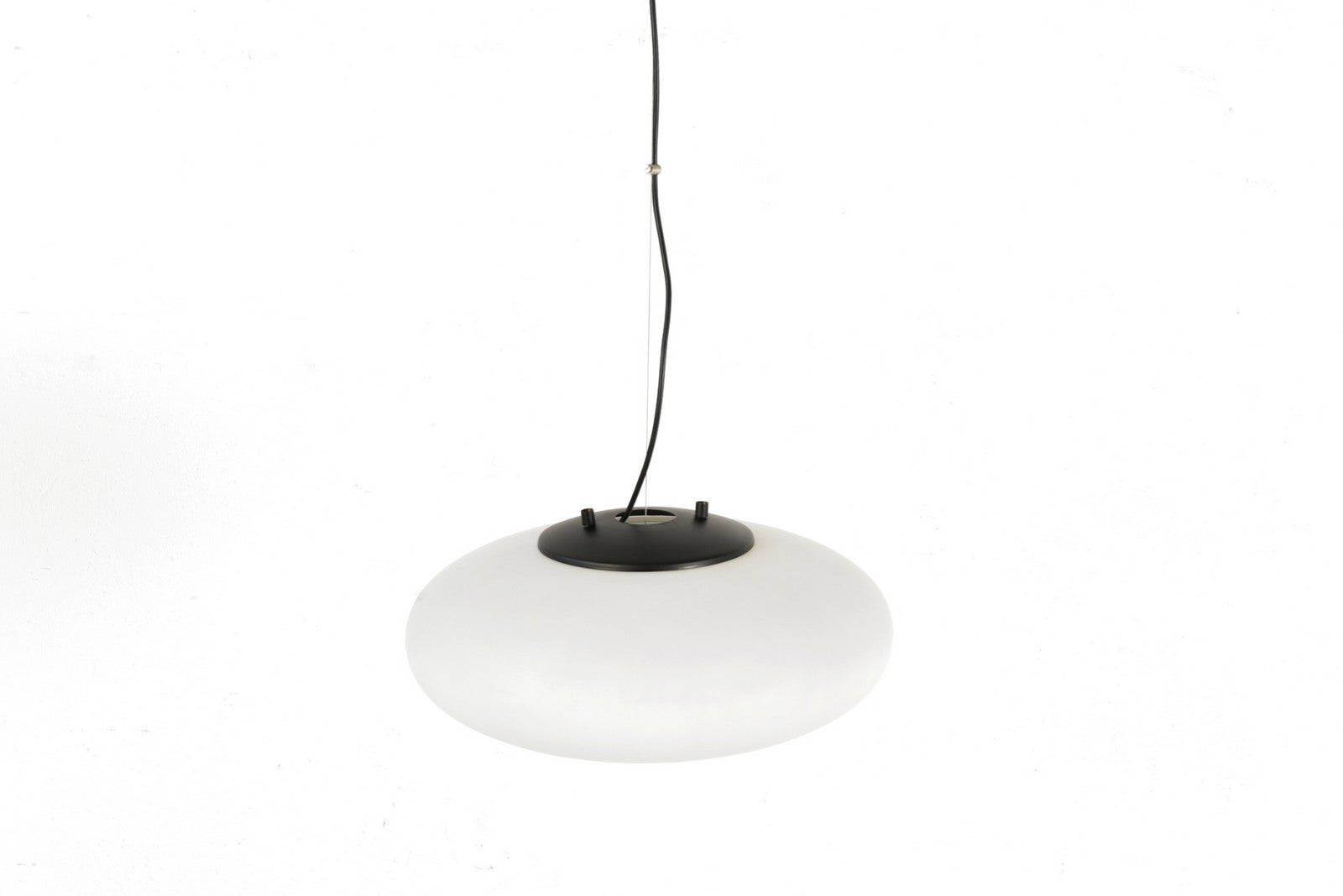 H 180 cm W 45 cm D 45 cm

Material: Matt black lacquered brass, frosted frosted glass reflector, 1 E 27 light point, steel cable

Condition: good original condition

Special features: few signs of use. The rare pendant light was rewired by our
