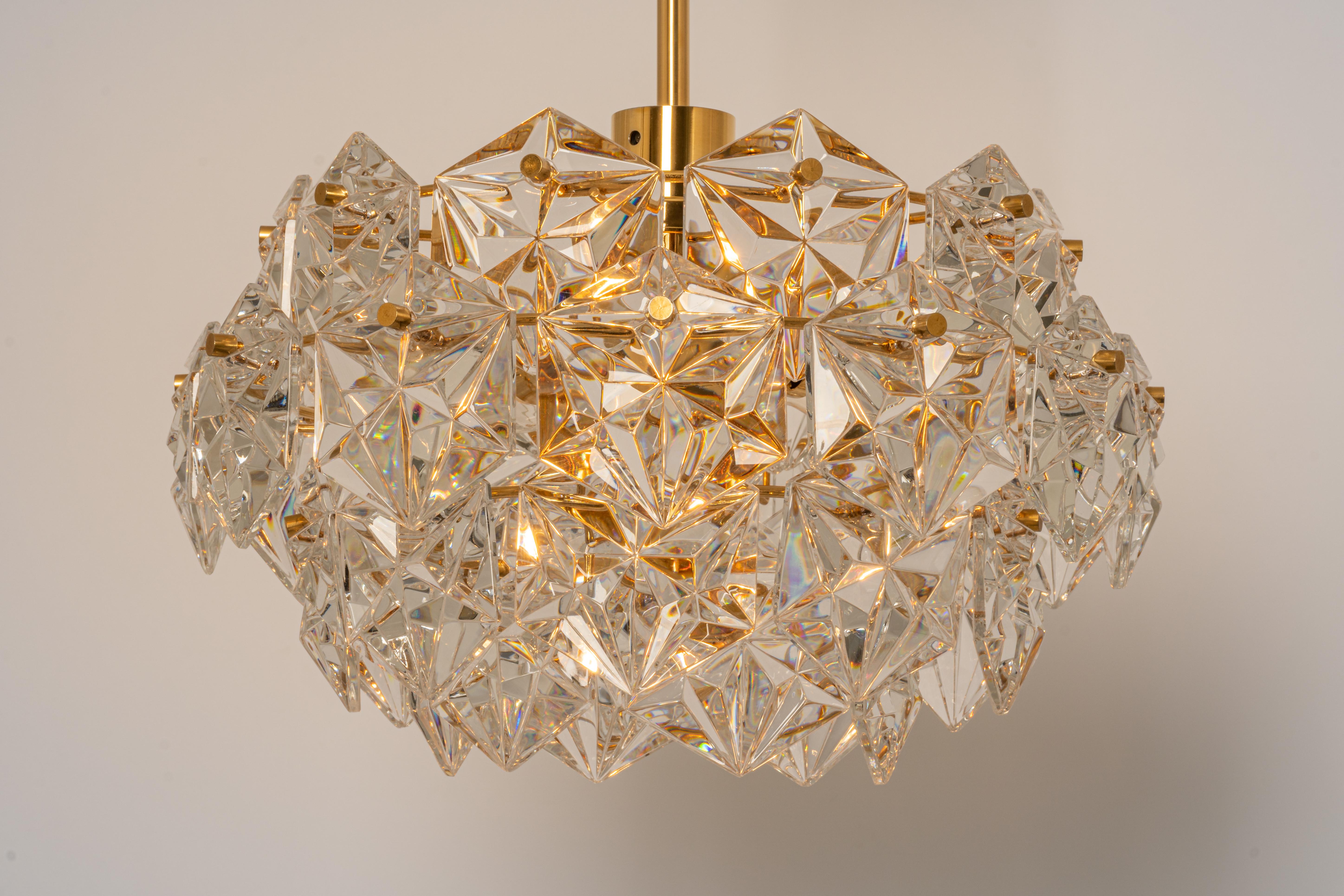 Mid-Century Modern 1 of 2 Petite Chandeliers, Brass and Crystal Glass by Kinkeldey, Germany, 1970s For Sale