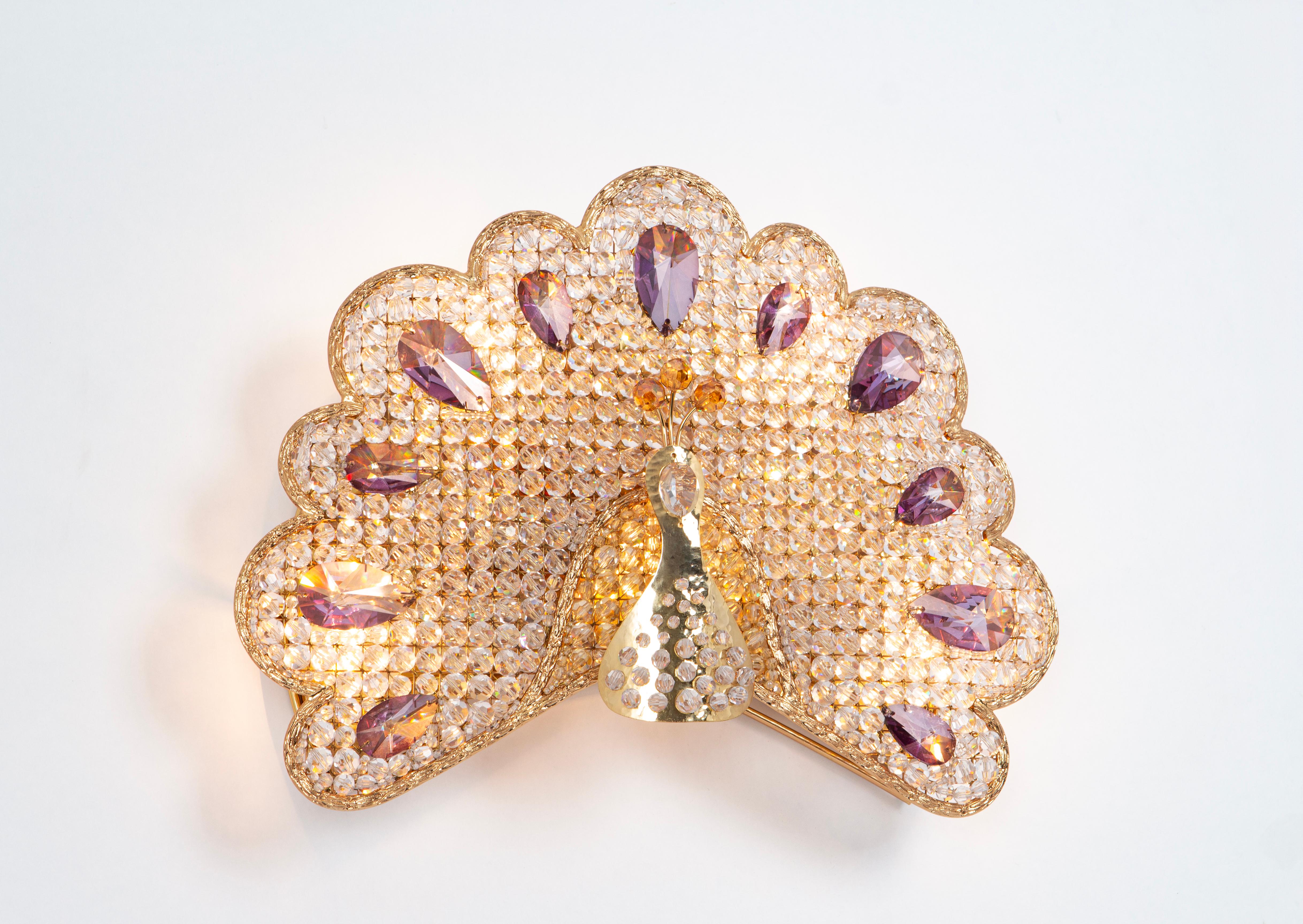 1 von 2 Petite Rare Peacock Crystal Sconce von Palwa, Deutschland, 1960er Jahre im Zustand „Gut“ im Angebot in Aachen, NRW