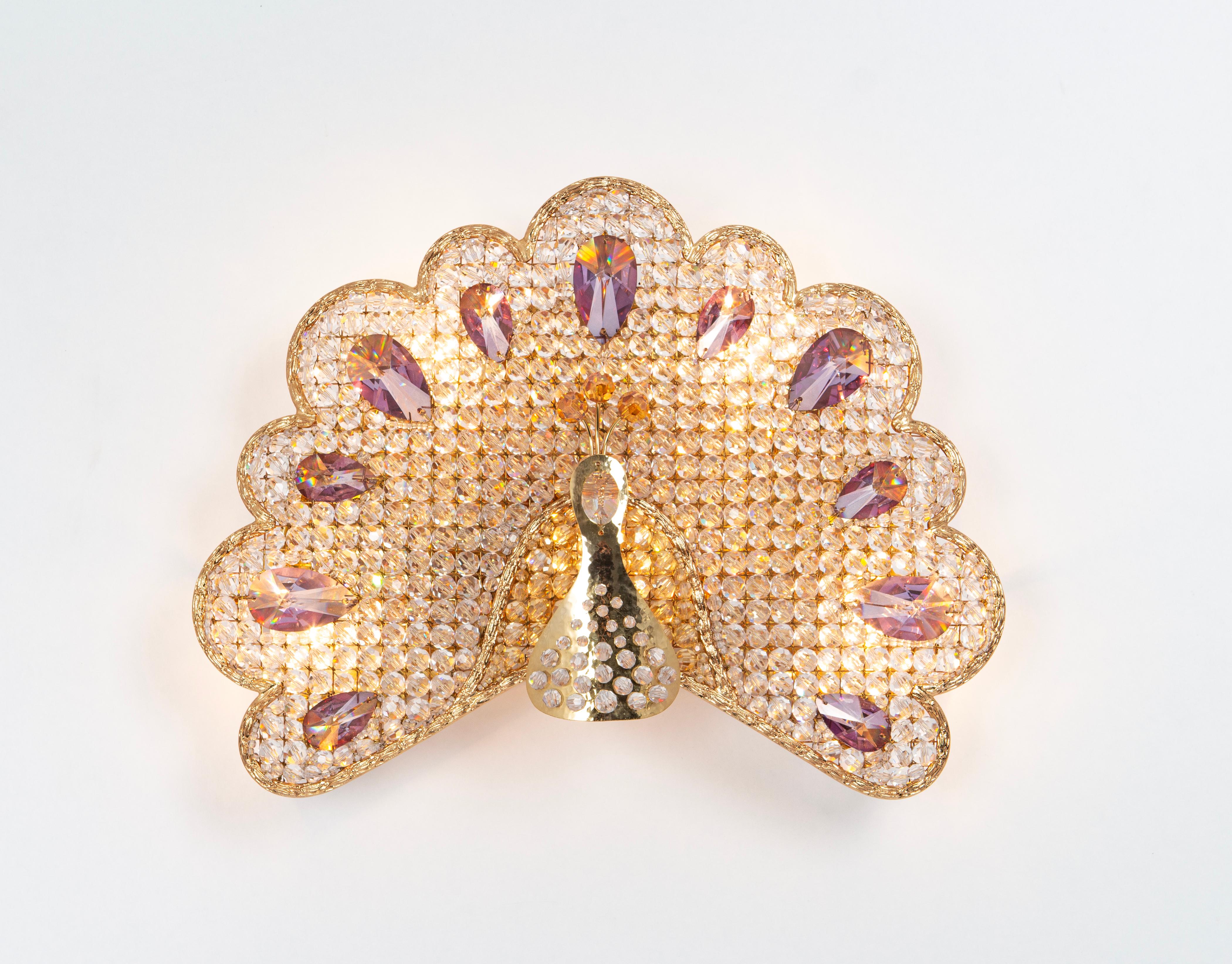 1 von 2 Petite Rare Peacock Crystal Sconce von Palwa, Deutschland, 1960er Jahre (Messing) im Angebot